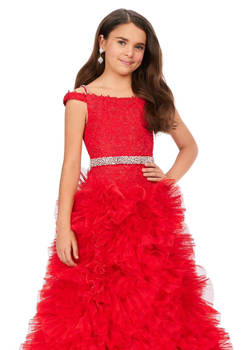 Front - Red ASHLEYlauren Kids 8224 Off Shoulder Gown with Embroidered Lace and Ruffled Tulle Skirt