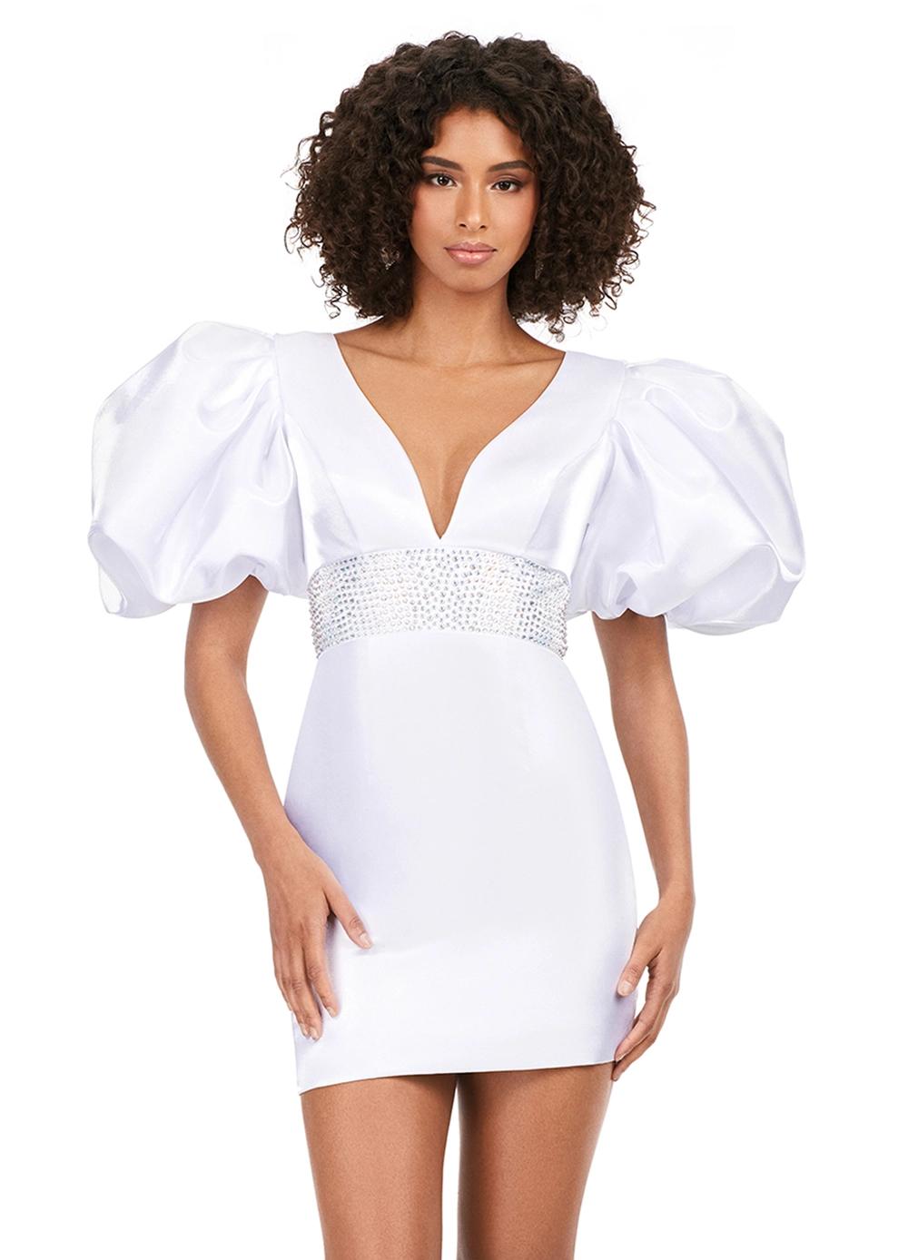 ASHLEYlauren 4549 V Neck Puff Sleeve Cocktail Dress