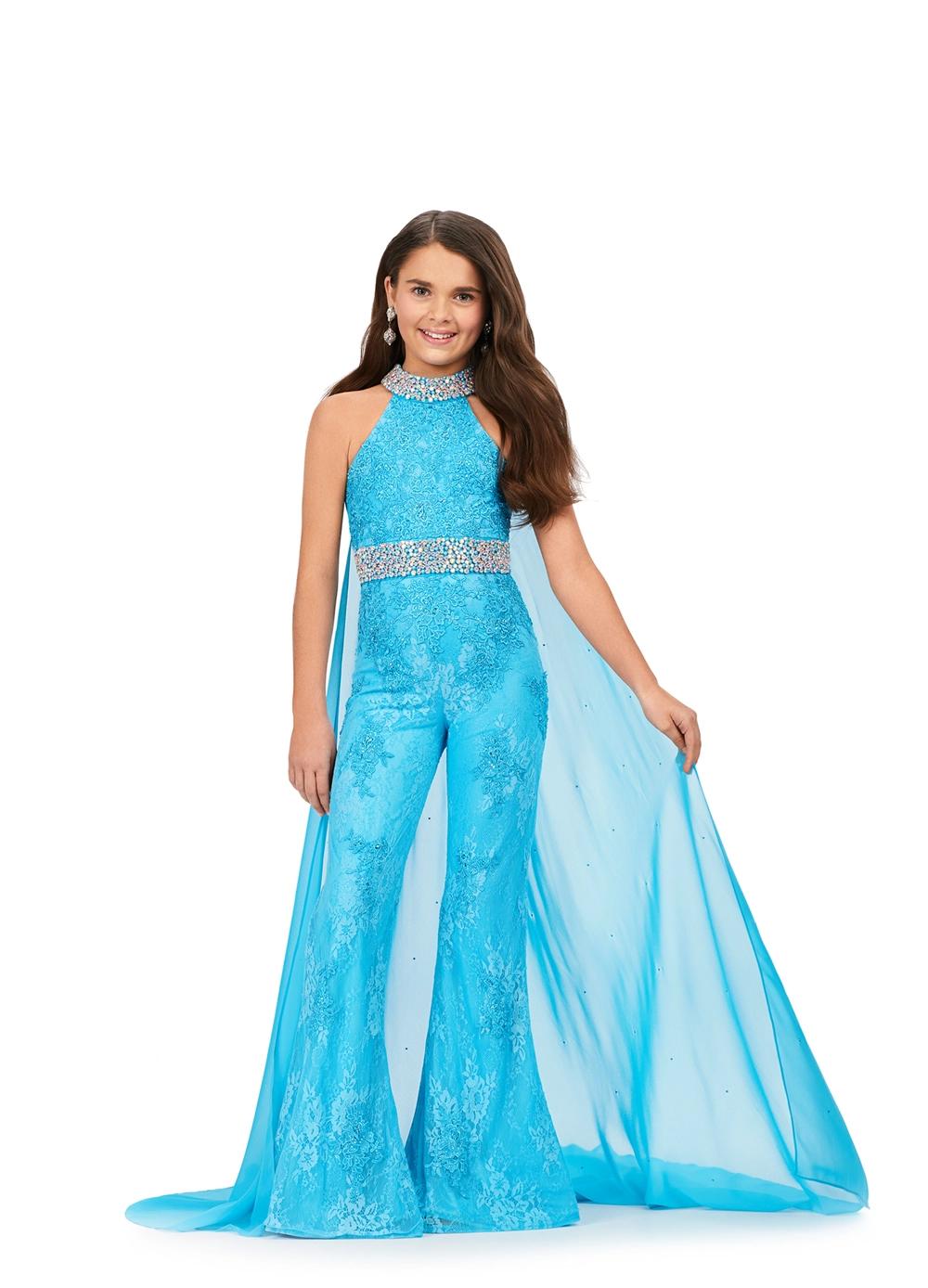 Blue ASHLEYlauren Kids 8225 Embroidered Lace Jumpsuit with Chiffon Cape and Jeweled Belt