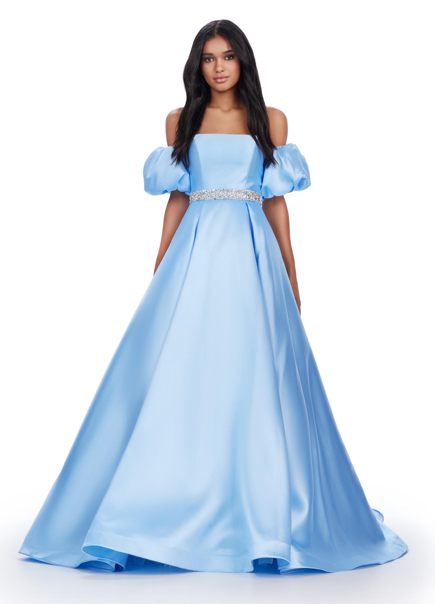 Ice Blue ASHLEYlauren 11543 classic Mikado ball gown featuring a strapless neckline, detachable off shoulder puff sleeves, beaded waistband, and a full ball gown skirt for an elegant and versatile look.