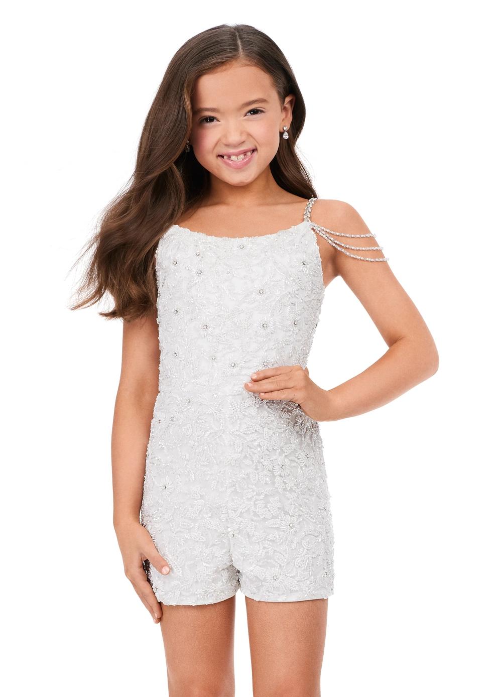 Front: Ivory ASHLEYlauren Kids 8195 Fully Beaded Romper with Spaghetti Straps and Off Shoulder Details