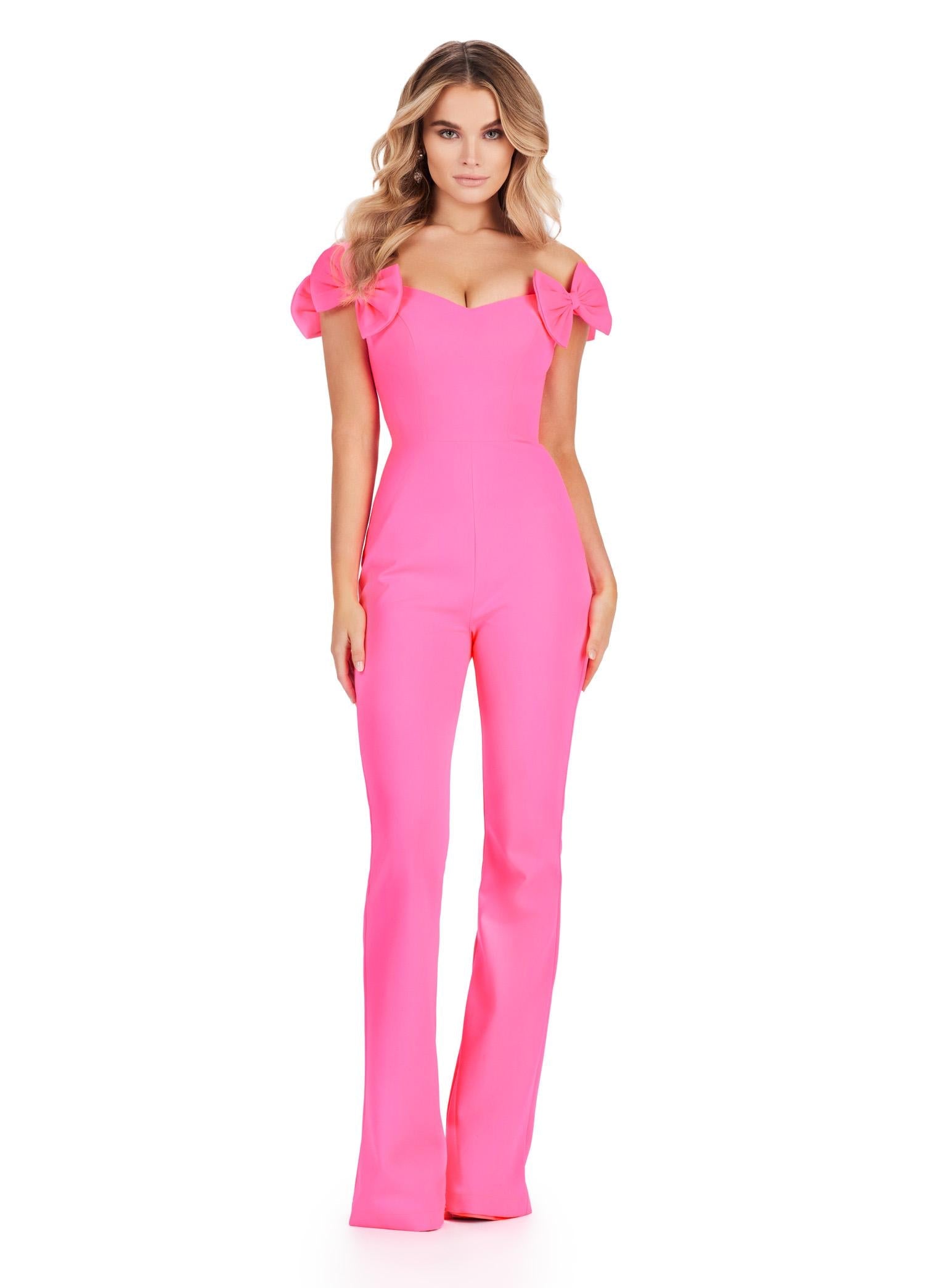 Front view. ASHLEYlauren 11439 pink off shoulder scuba jumpsuit with oversized bow sleeves