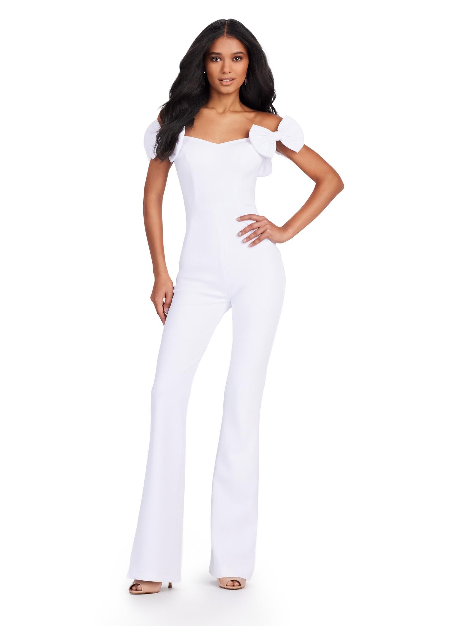 Front view. ASHLEYlauren 11439 white off shoulder scuba jumpsuit with oversized bow sleeves
