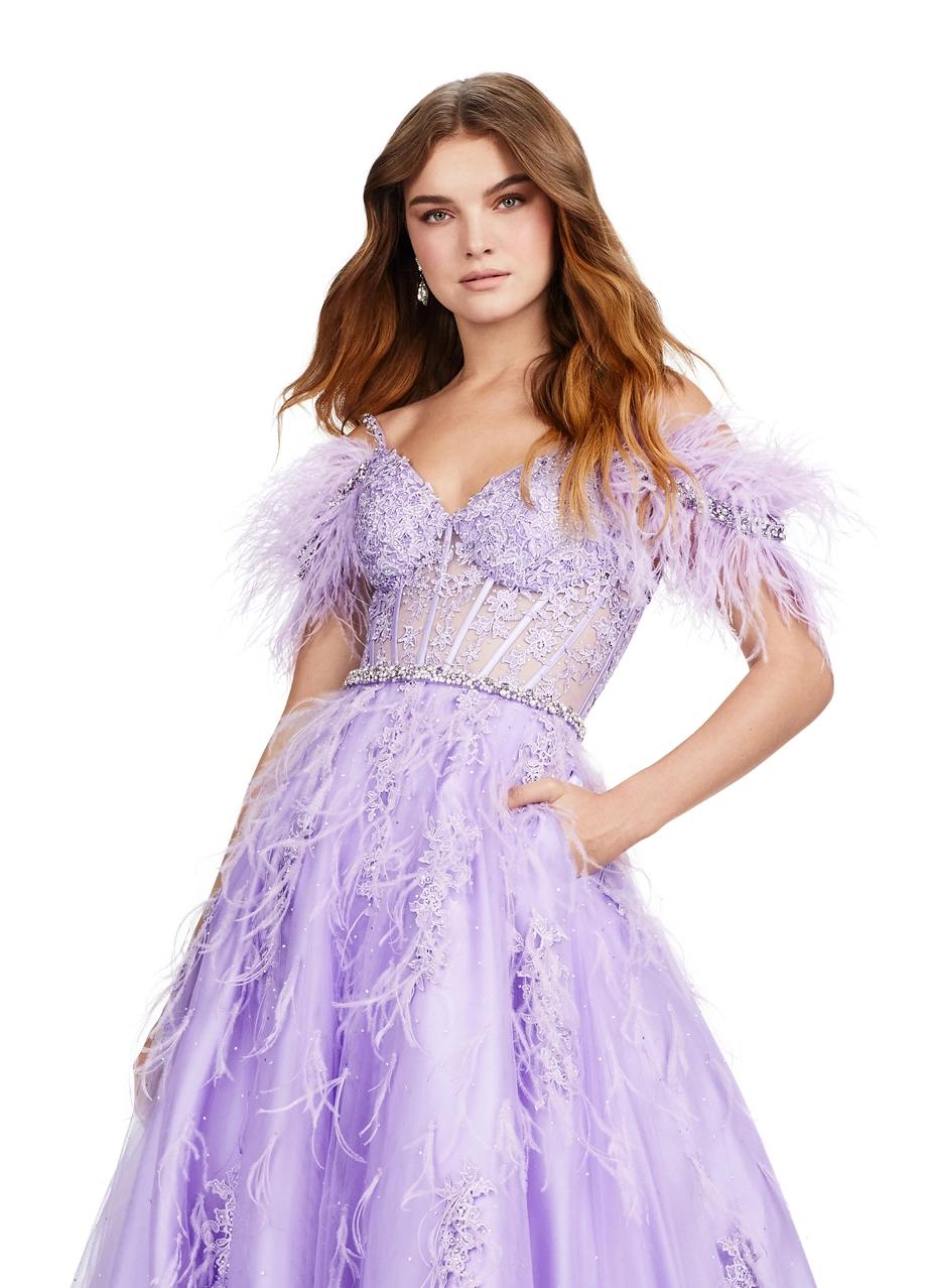Front view. ASHLEYlauren 11447 orchid A-line gown with beaded corset bustier, feather off shoulder straps, exposed boning, and lace appliqué