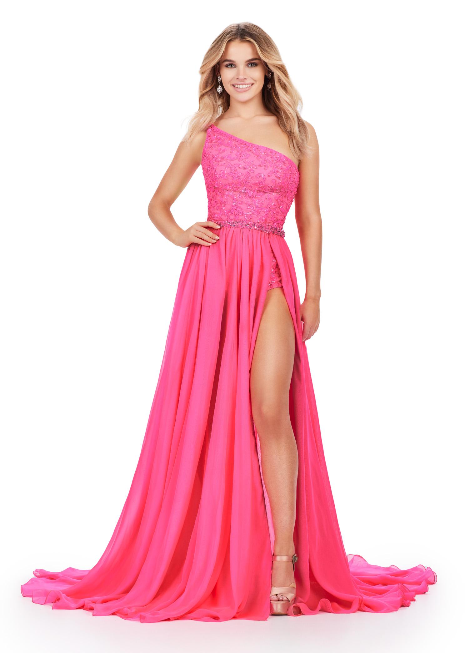 Front view. ASHLEYlauren 11460 hot pink one shoulder fully beaded bodysuit with detachable chiffon overskirt and high left leg slit