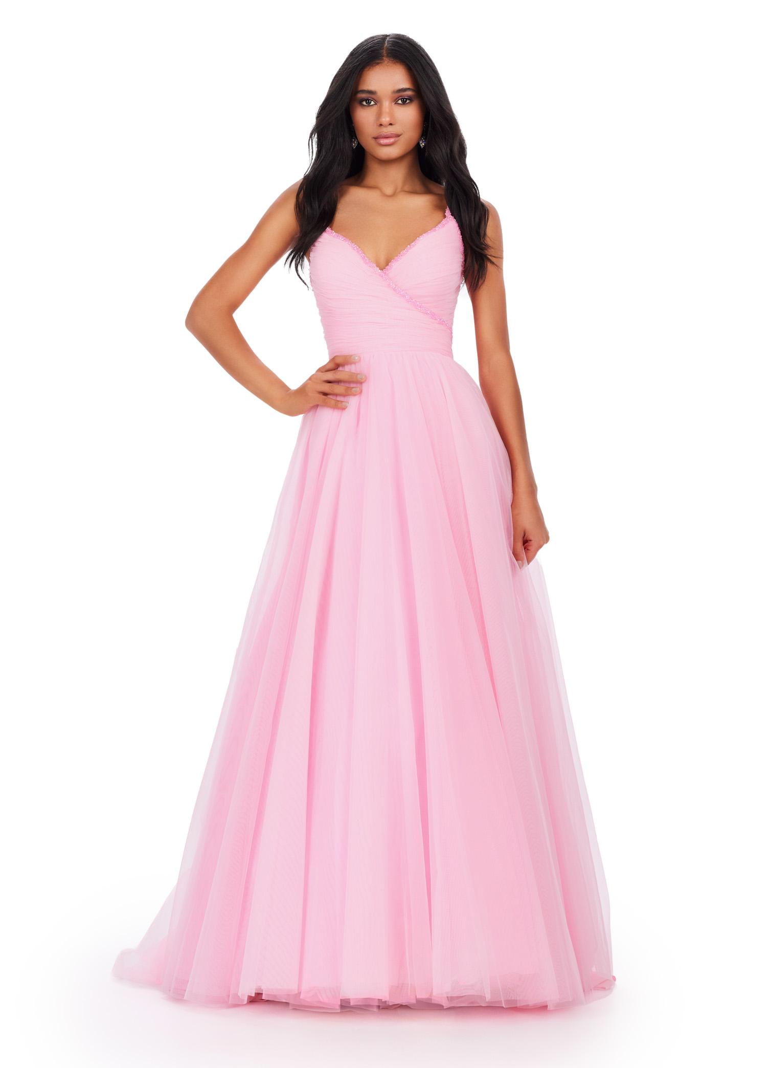 Front view. ASHLEYlauren 11461 candy pink soft tulle ball gown with V-neckline, beaded spaghetti straps, ruched bodice, and full skirt
