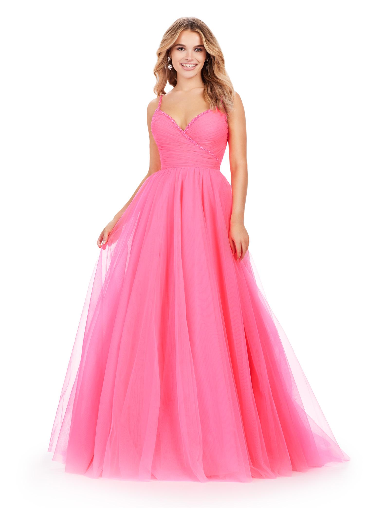 Front view. ASHLEYlauren 11461  pink soft tulle ball gown with V-neckline, beaded spaghetti straps, ruched bodice, and full skirt