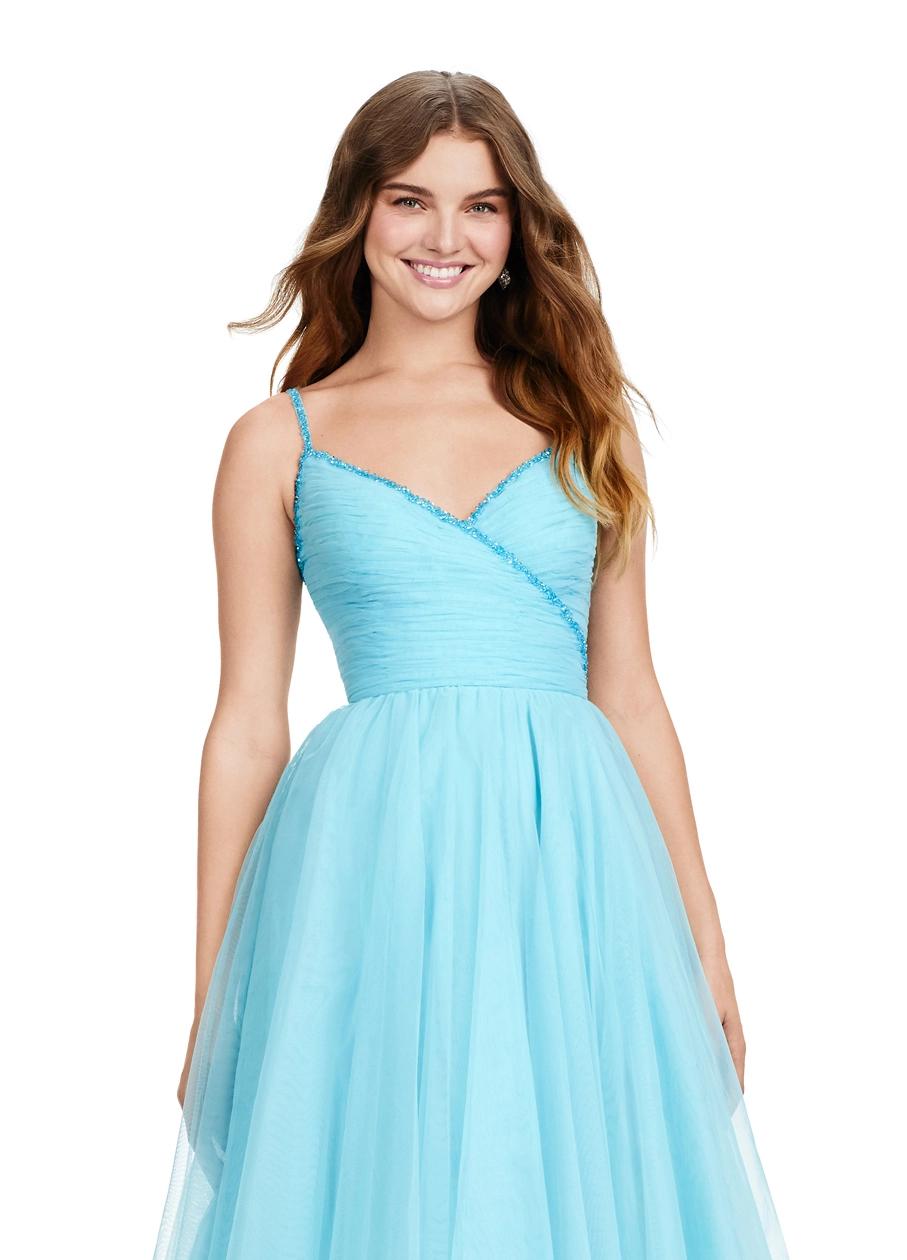 Front view. ASHLEYlauren 11461  sky soft tulle ball gown with V-neckline, beaded spaghetti straps, ruched bodice, and full skirt