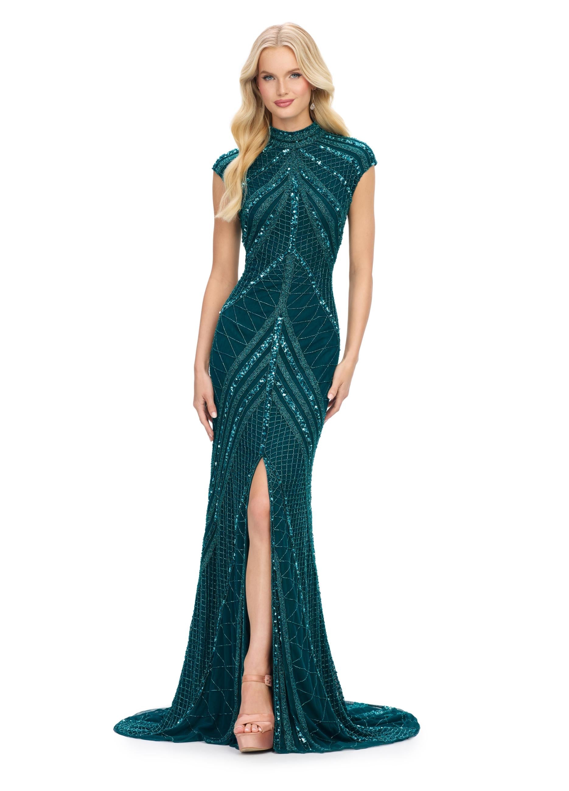 Front view. ASHLEYlauren 1674 Dark Teal fully beaded gown with high neck, cap sleeves, centre slit, and geometric detailing