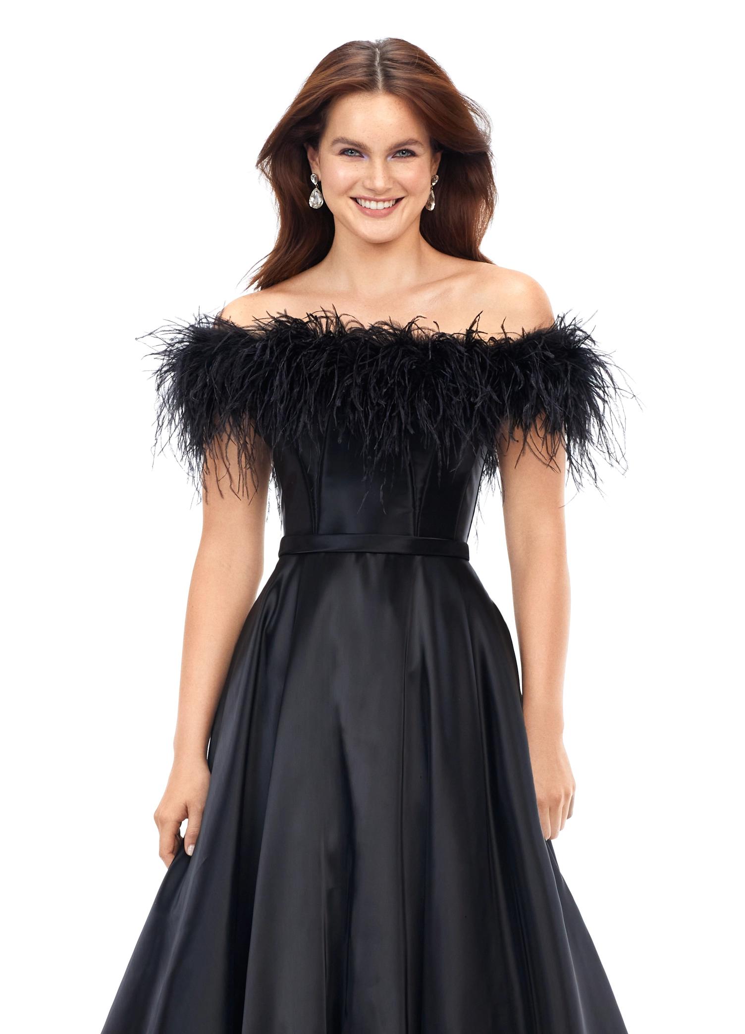 Front view. Black ASHLEYlauren 11382 Elegant Off Shoulder Ball Gown in Phantom Satin with Feather Accent Neckline and Flowing A-Line Skirt