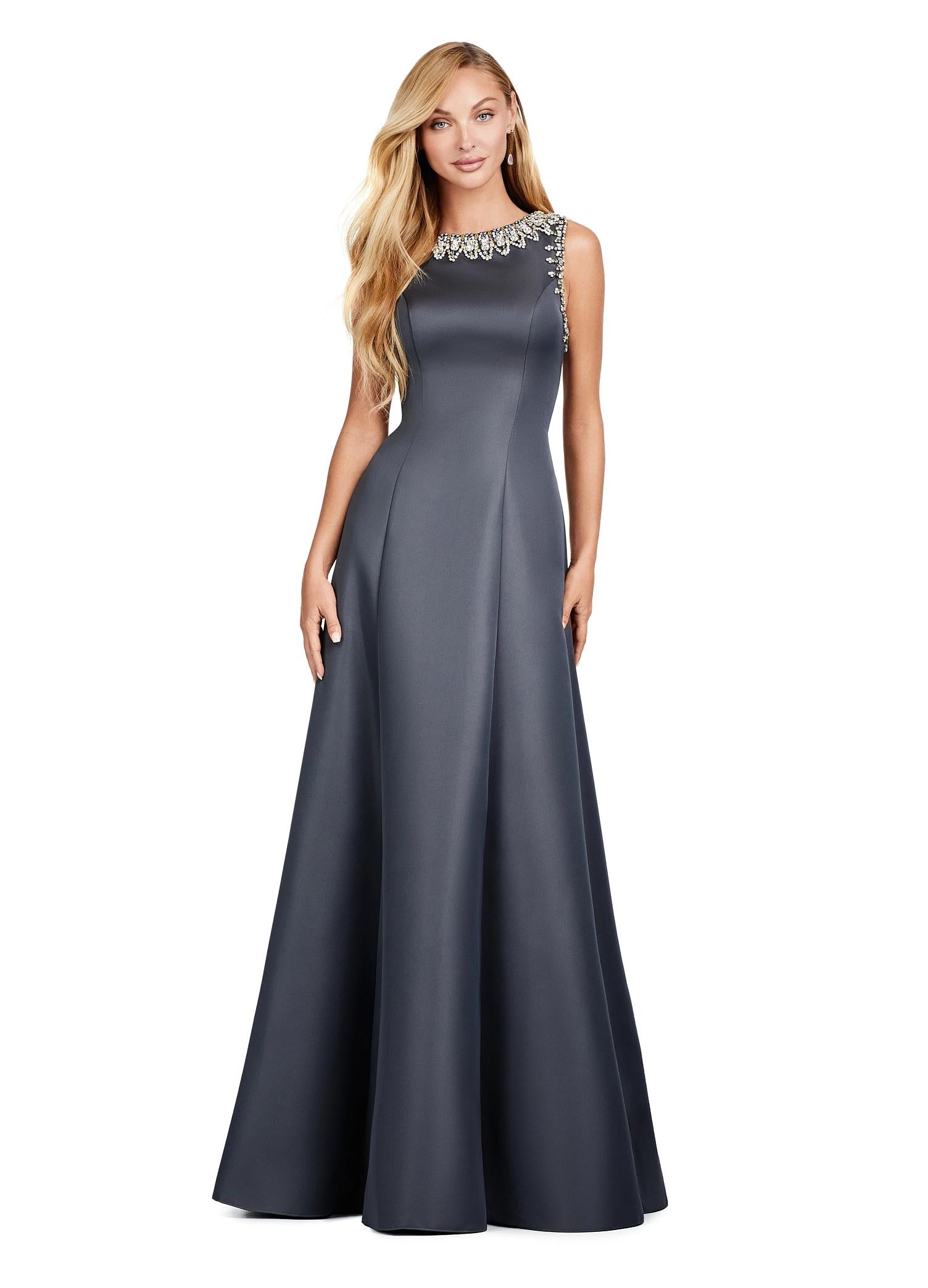 Front view. Charcoal ASHLEYlauren 11426 Elegant Double Faced Satin Gown with Crew Neckline, Crystal Embellishments, Subtle A-Line Skirt, and Detachable Beaded Shawl with Finger Loop
