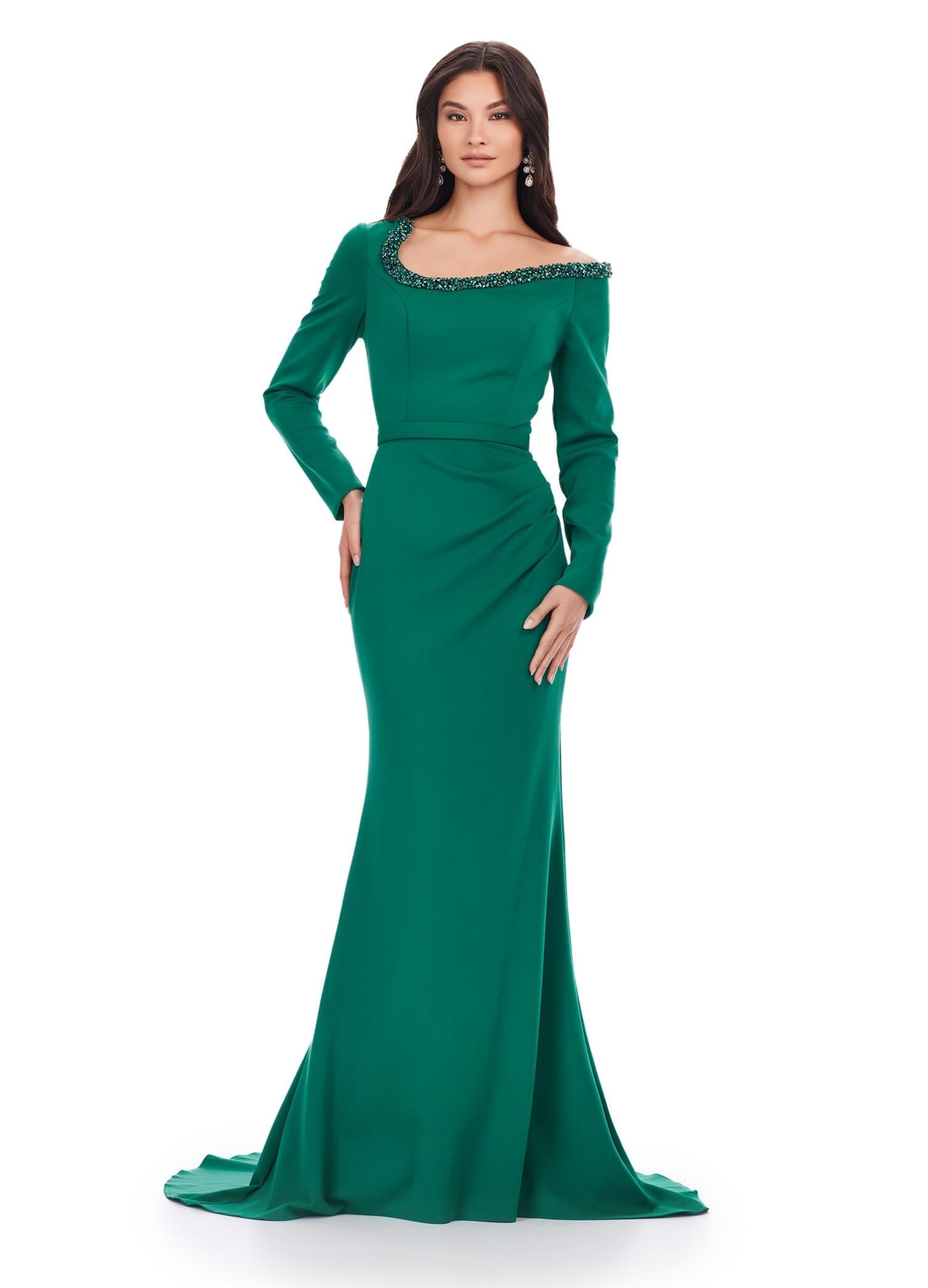 Front view. Dark Emerald ASHLEYlauren 11450 Chic Long Sleeve Scuba Gown with Asymmetrical Off Shoulder Beaded Neckline and Flattering Ruched Hip Detailing