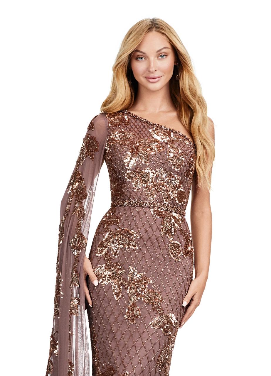 Front view. Dark Taupe ASHLEYlauren 11434 Elegant Fully Beaded Gown with One Shoulder Design and Statement Floor Length Sleeve for a Modern Twist on a Classic Look