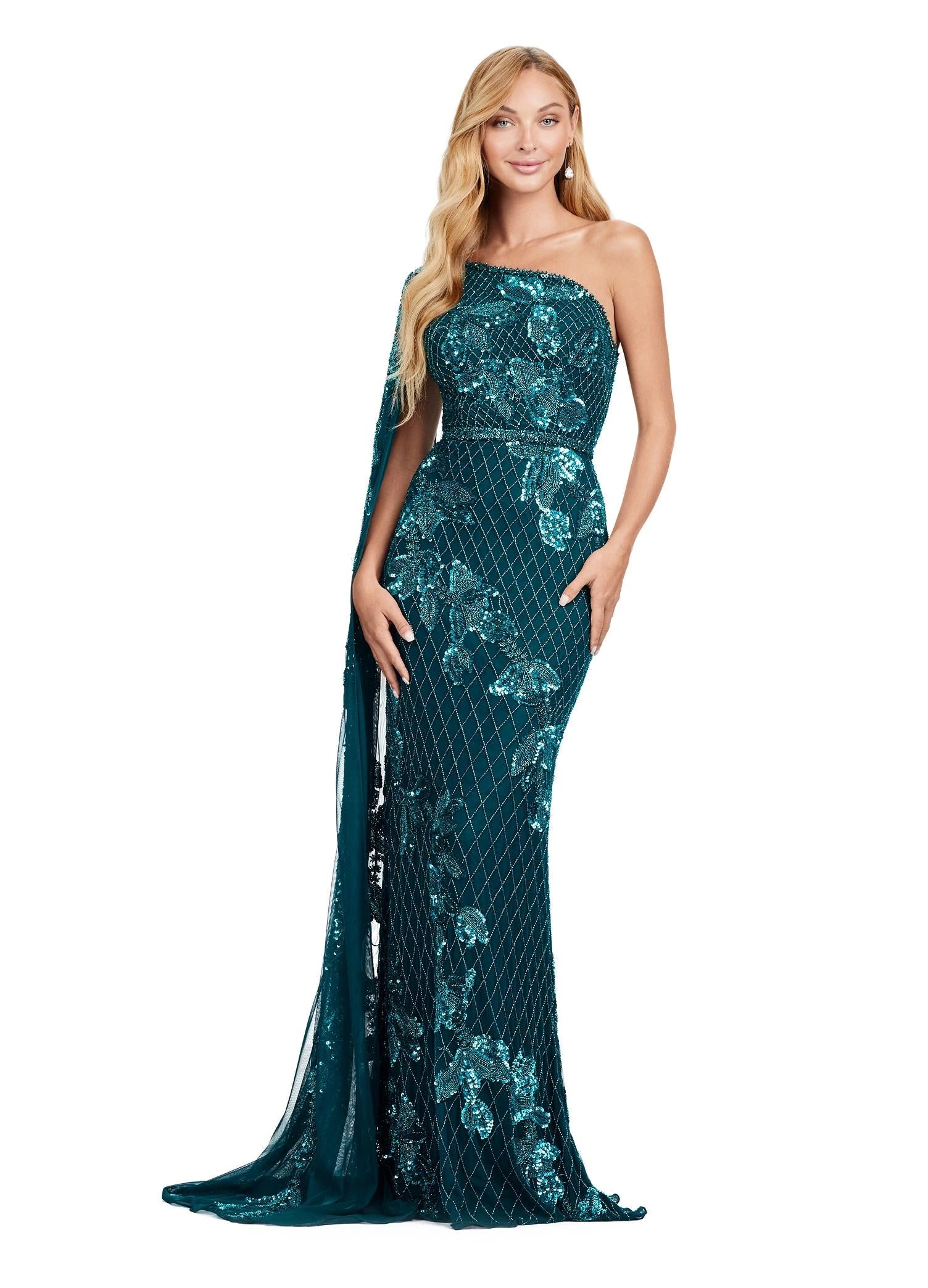 Front view. Dark Teal ASHLEYlauren 11434 Elegant Fully Beaded Gown with One Shoulder Design and Statement Floor Length Sleeve for a Modern Twist on a Classic Look
