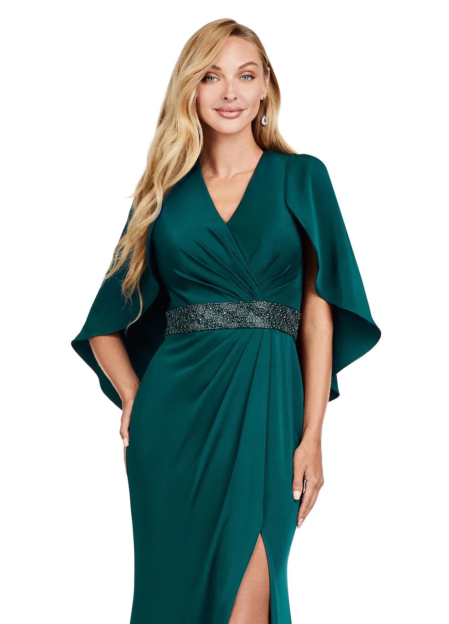 Front view. Deep Green ASHLEYlauren 11416 Elegant Crepe Gown with Ruched V-Neckline, Sparkling Beaded Belt, Modern Overlay, and Left Leg Slit