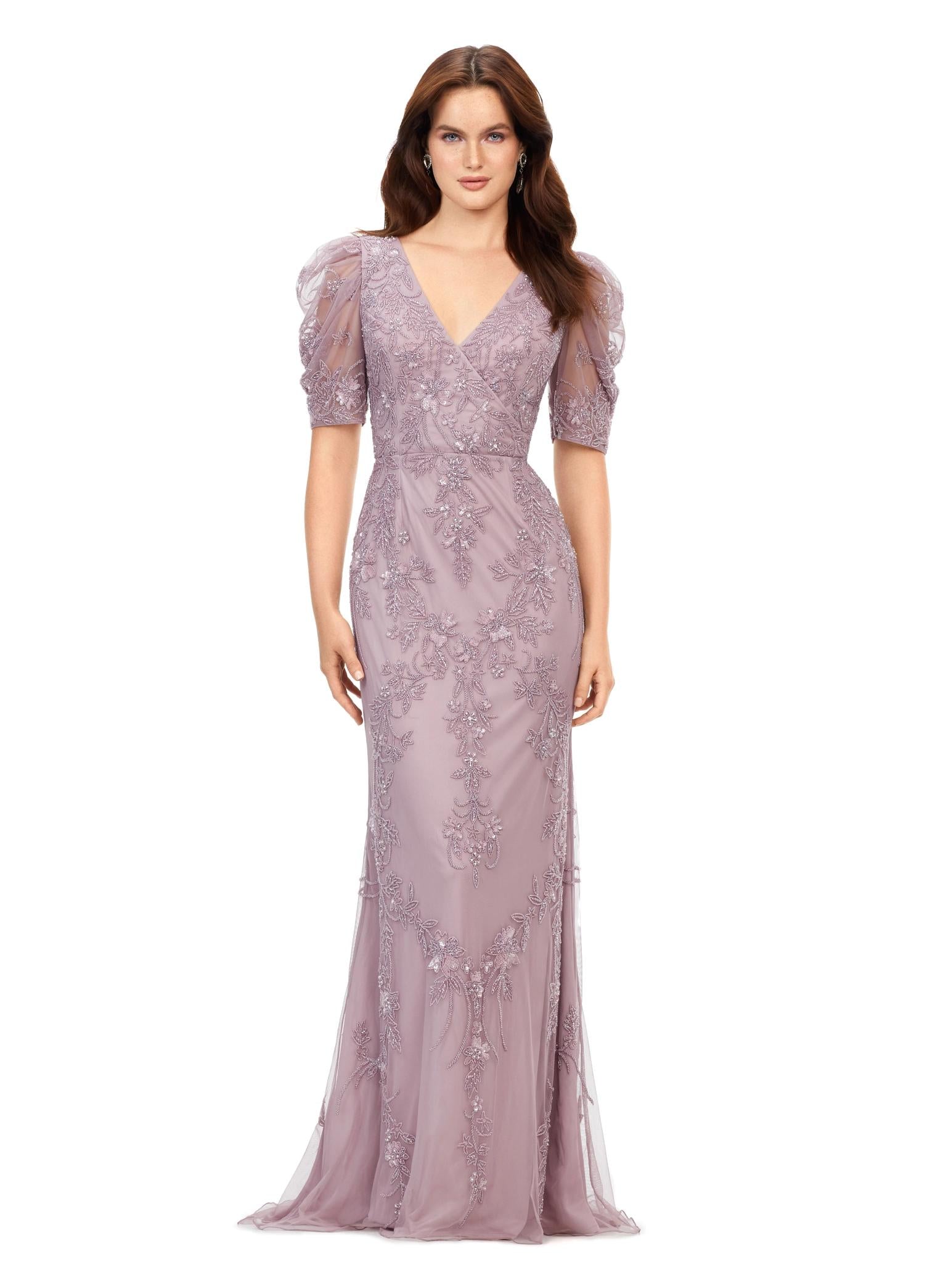 Front view. Dusty Mauve ASHLEYlauren 11234 Elegant Fully Beaded Gown with V-Neckline, Wrap Style Bustier, and Sheer Ruffled Puff Mesh Sleeves