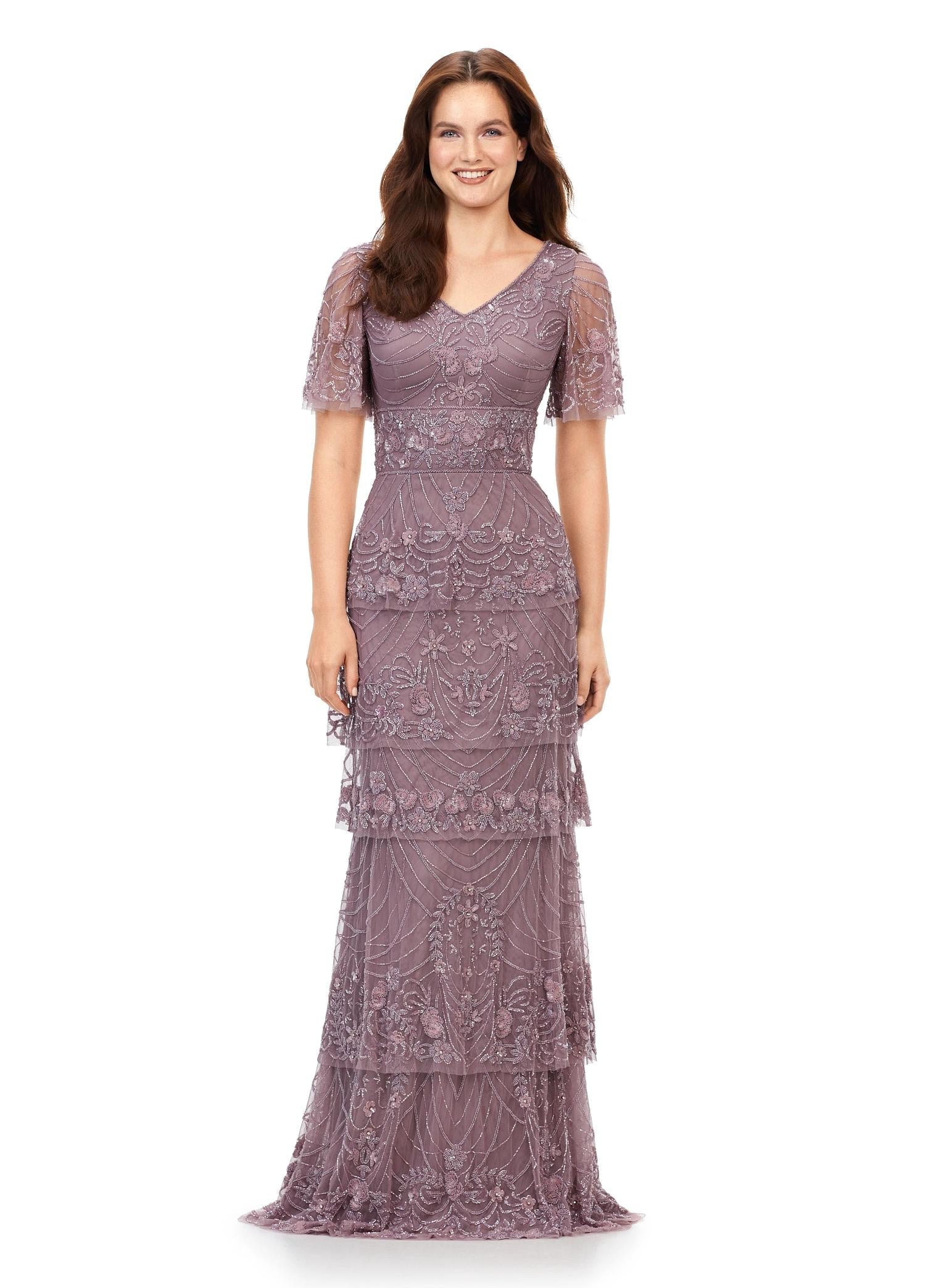 Front view. Dusty Mauve ASHLEYlauren 11235 Elegant Sequin Gown with V-Neckline, Flutter Butterfly Sleeves, Wide Waistband, Floral Beaded Bustier, and Multi-Tiered Skirt