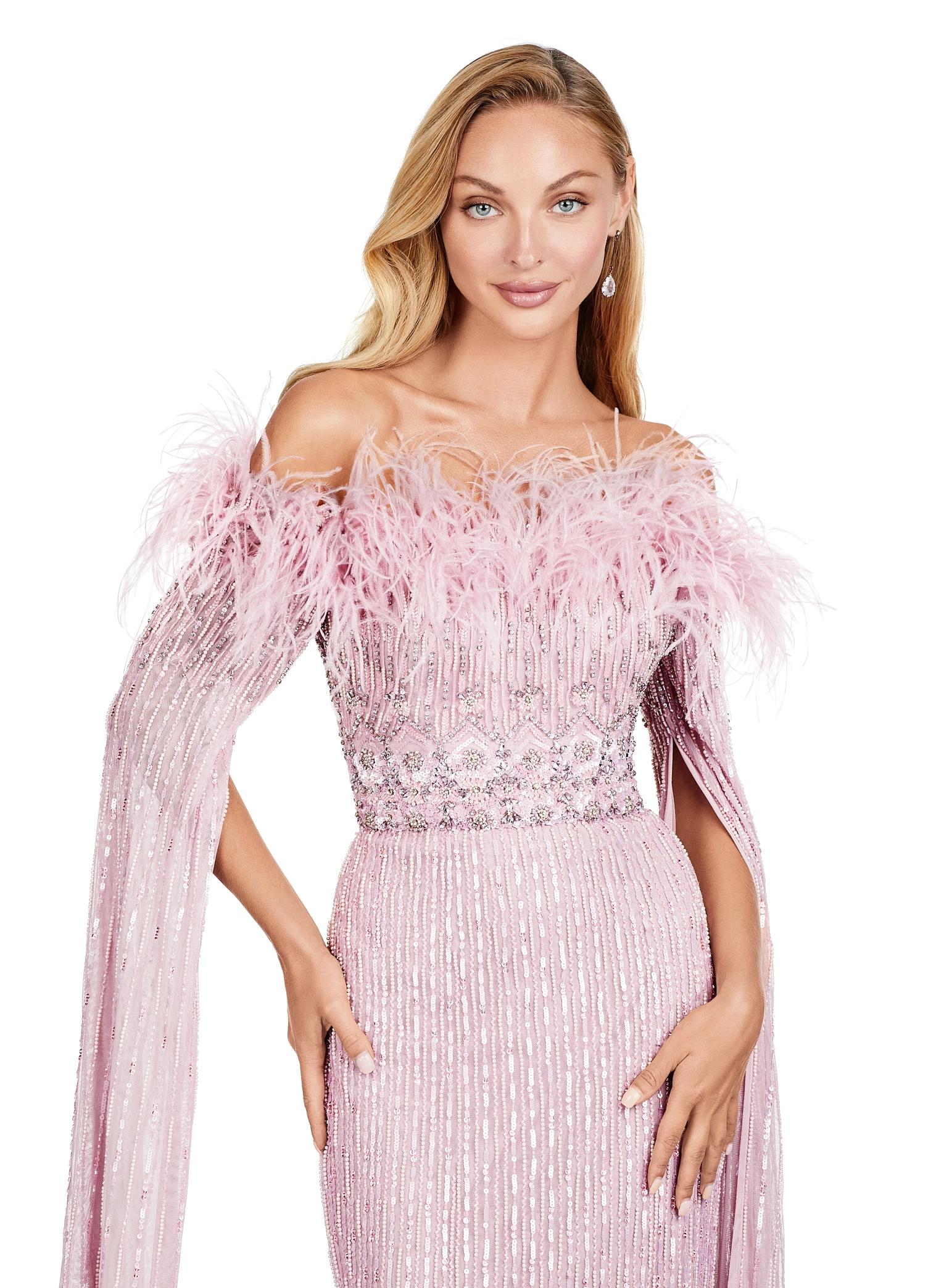 Front view. Dusty Rose ASHLEYlauren 11429 Glamorous Fully Beaded Off Shoulder Gown with Dramatic Floor Length Sleeves and Feather Accents