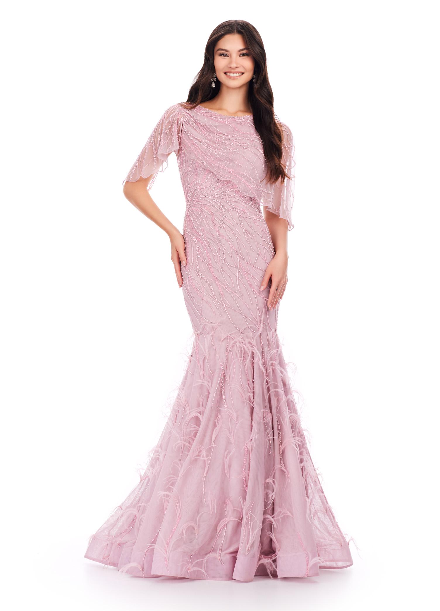 Front view. Dusty Rose ASHLEYlauren 11431 Classy Fully Beaded Gown with Crew Neckline, Sheer Asymmetrical Cape Overlay, Feather-Embellished Skirt, and Mermaid Silhouette