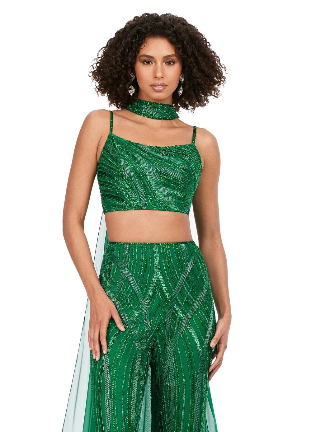 Front view. Emerald ASHLEYlauren 11385 statement two-piece jumpsuit featuring an intricately hand-beaded bustier and pants, a matching beaded choker, and a dramatic chiffon cape for a bold and fashion-forward look.