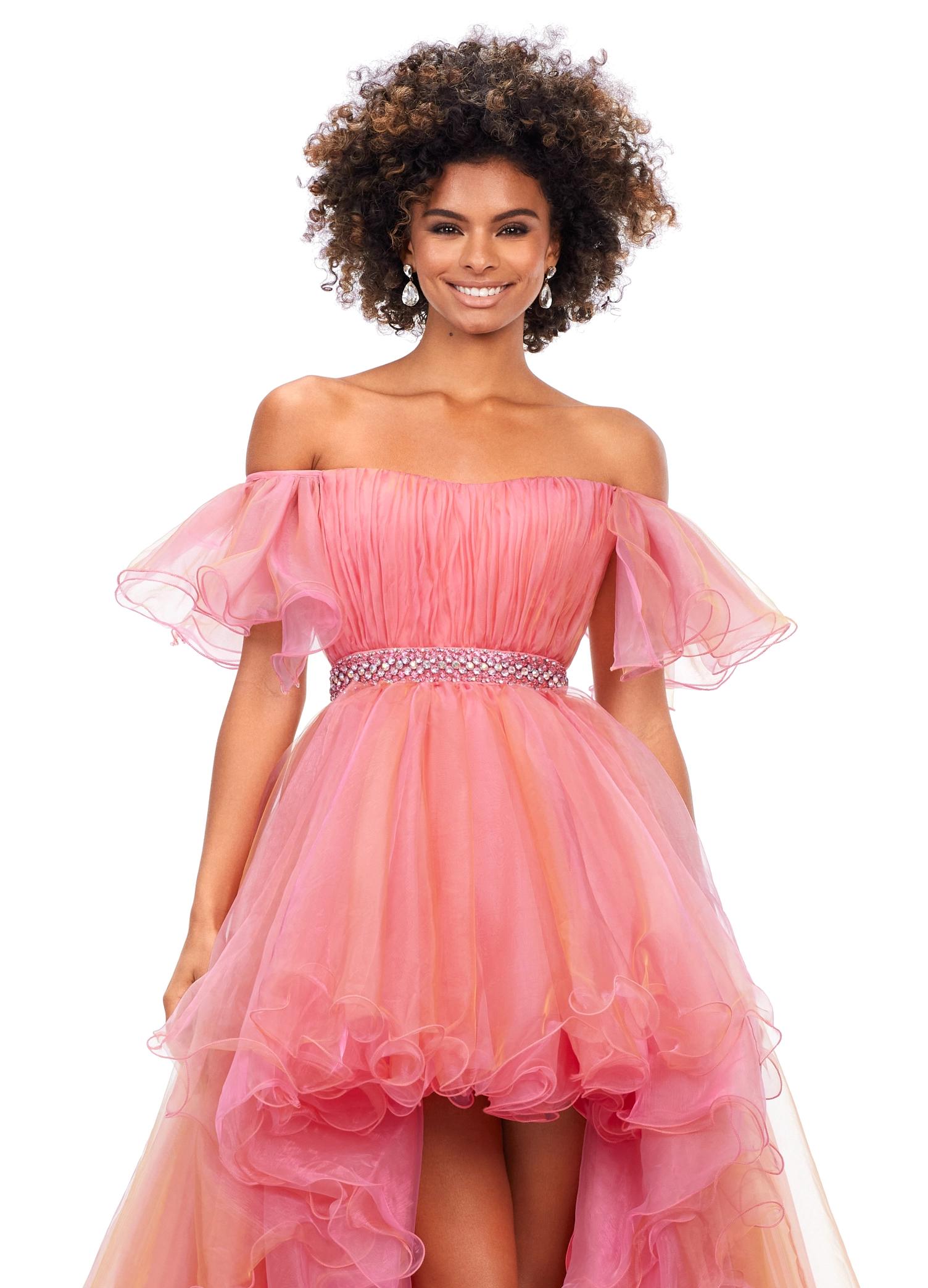 Front view. Hot Pink/Blush ASHLEYlauren 11268 stunning strapless high-low gown featuring a ruched sweetheart neckline, off-shoulder sleeves, a crystal belt, and a two-tone organza skirt finished with a wire hem for a dramatic and elegant look.