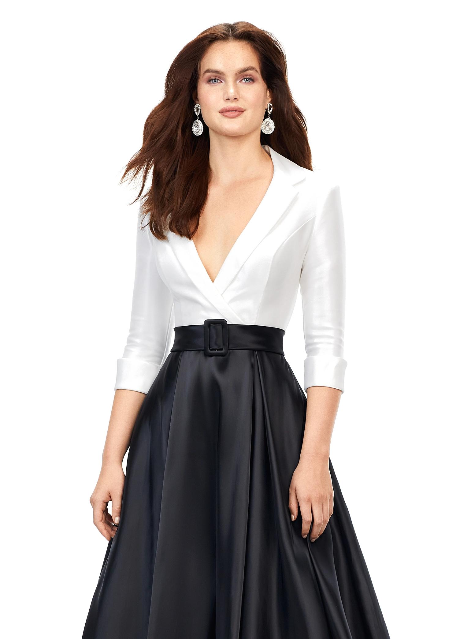 Front view. Ivory/Black ASHLEYlauren 11326 Elegant Phantom Satin Ball Gown with V-Neckline, Wrap Lapel Detail, Buckled Waist Belt, Full Skirt, and Hidden Pockets