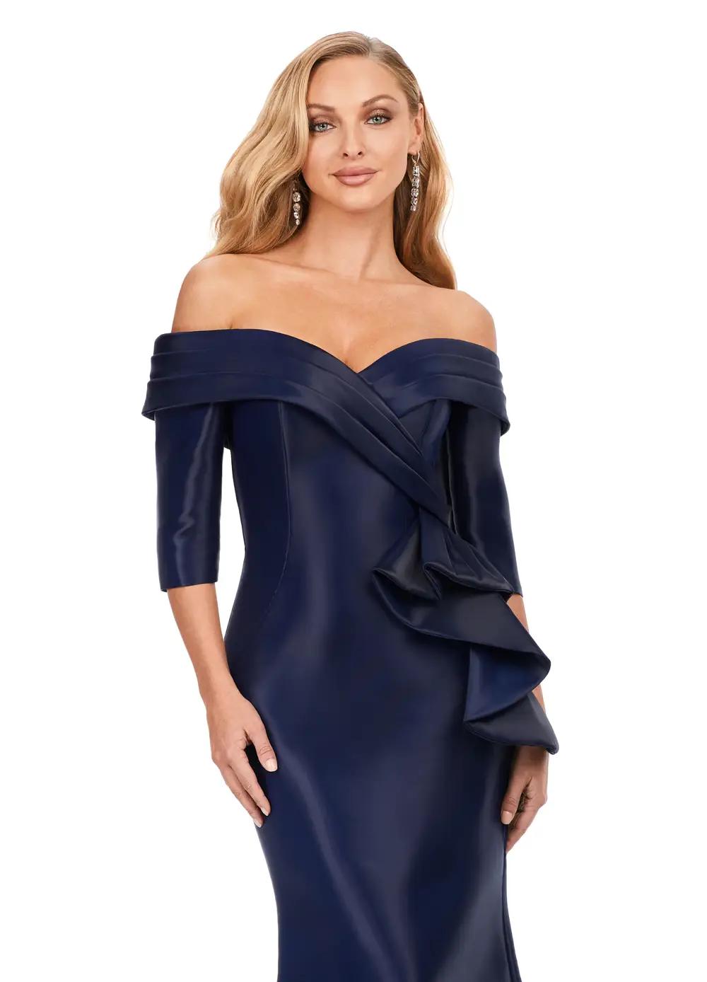 Front view. Navy ASHLEYlauren 11324 Elegant Off Shoulder Fitted Mermaid Gown in Phantom Satin with Statement Ruffle Detail at the Hip