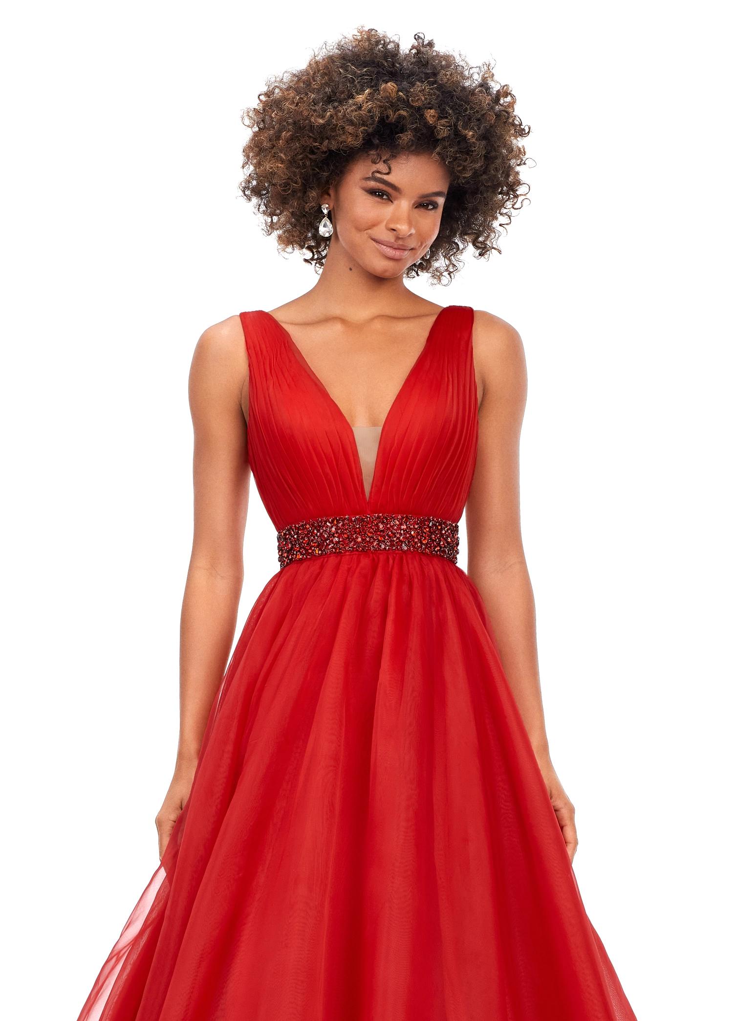 Front view. Red ASHLEYlauren 11305 stunning organza ball gown featuring a deep V-neckline, V-back, crystal-encrusted waistband, and a long, lavish train for an elegant and show-stopping look.