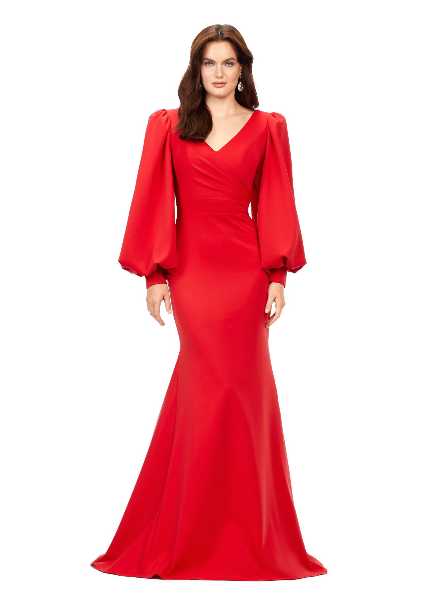 Front view. Red ASHLEYlauren 11345 Elegant Fitted Scuba Evening Gown with Draped V-Neckline, Flowing Bishop Sleeves, and Sweep Train