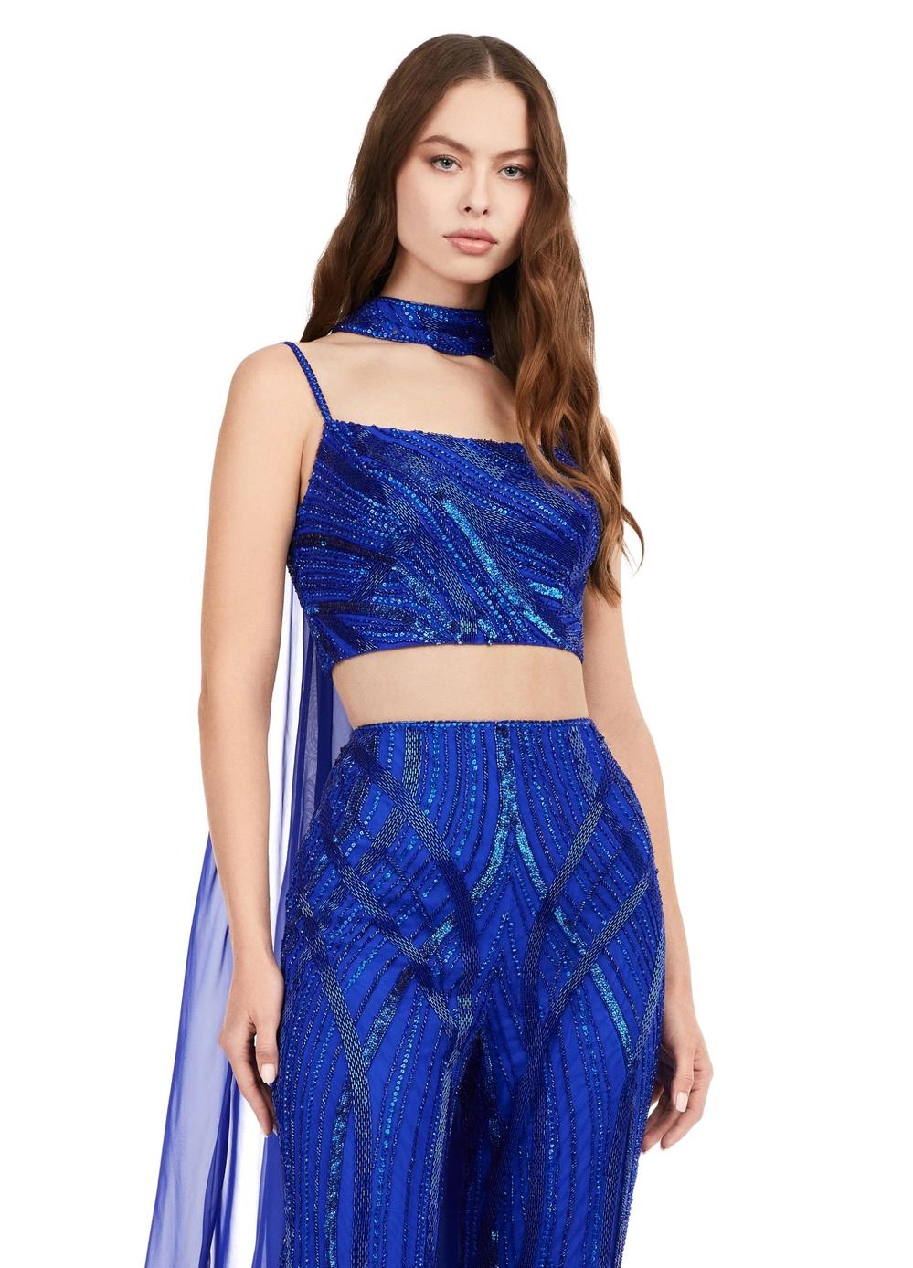 Front view. Royal ASHLEYlauren 11385 statement two-piece jumpsuit featuring an intricately hand-beaded bustier and pants, a matching beaded choker, and a dramatic chiffon cape for a bold and fashion-forward look.