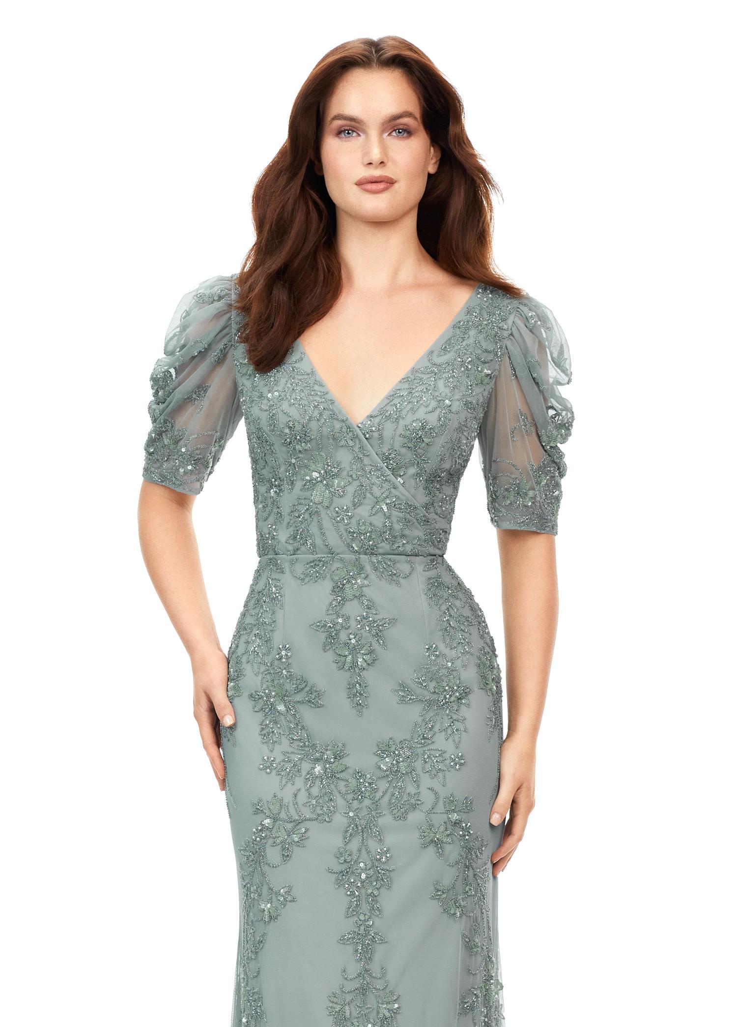 Front view. Sage ASHLEYlauren 11234 Elegant Fully Beaded Gown with V-Neckline, Wrap Style Bustier, and Sheer Ruffled Puff Mesh Sleeves