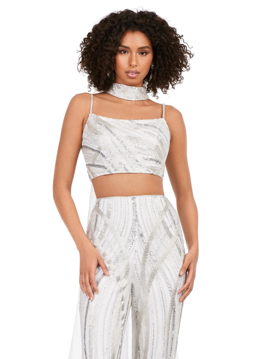 Front view. Silver ASHLEYlauren 11385 statement two-piece jumpsuit featuring an intricately hand-beaded bustier and pants, a matching beaded choker, and a dramatic chiffon cape for a bold and fashion-forward look.