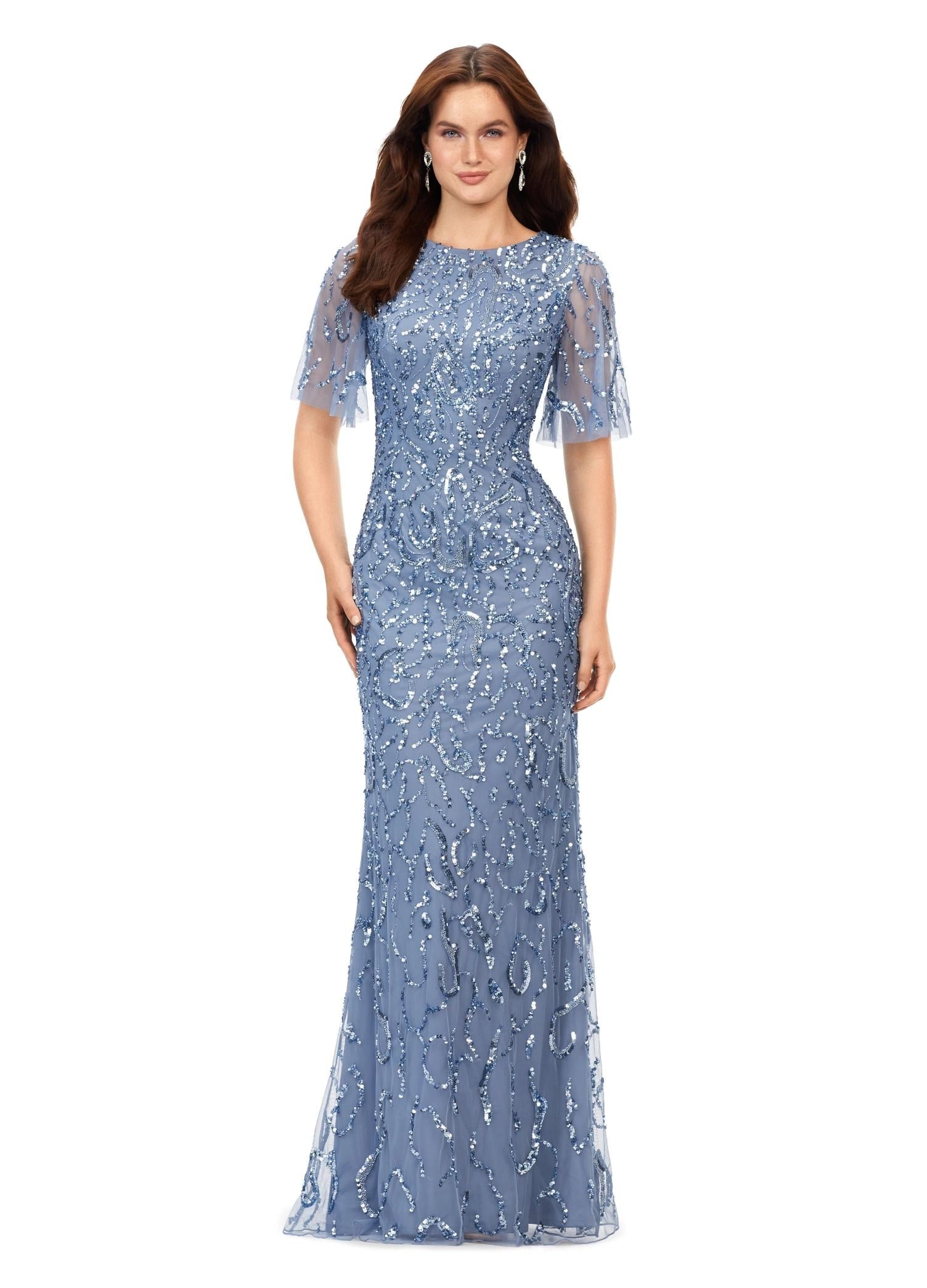 Front view. Vintage Blue ASHLEYlauren 11216 Elegant Fully Hand Beaded Gown with Crew Neckline, Flowing Butterfly Sleeves, Intricate Sequin Beading, and Keyhole Back Detail
