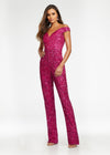 Fuchsia ASHLEYlauren 11175 Fully Hand-Beaded Off-Shoulder Jumpsuit with V-Neckline and Straight Leg Pants