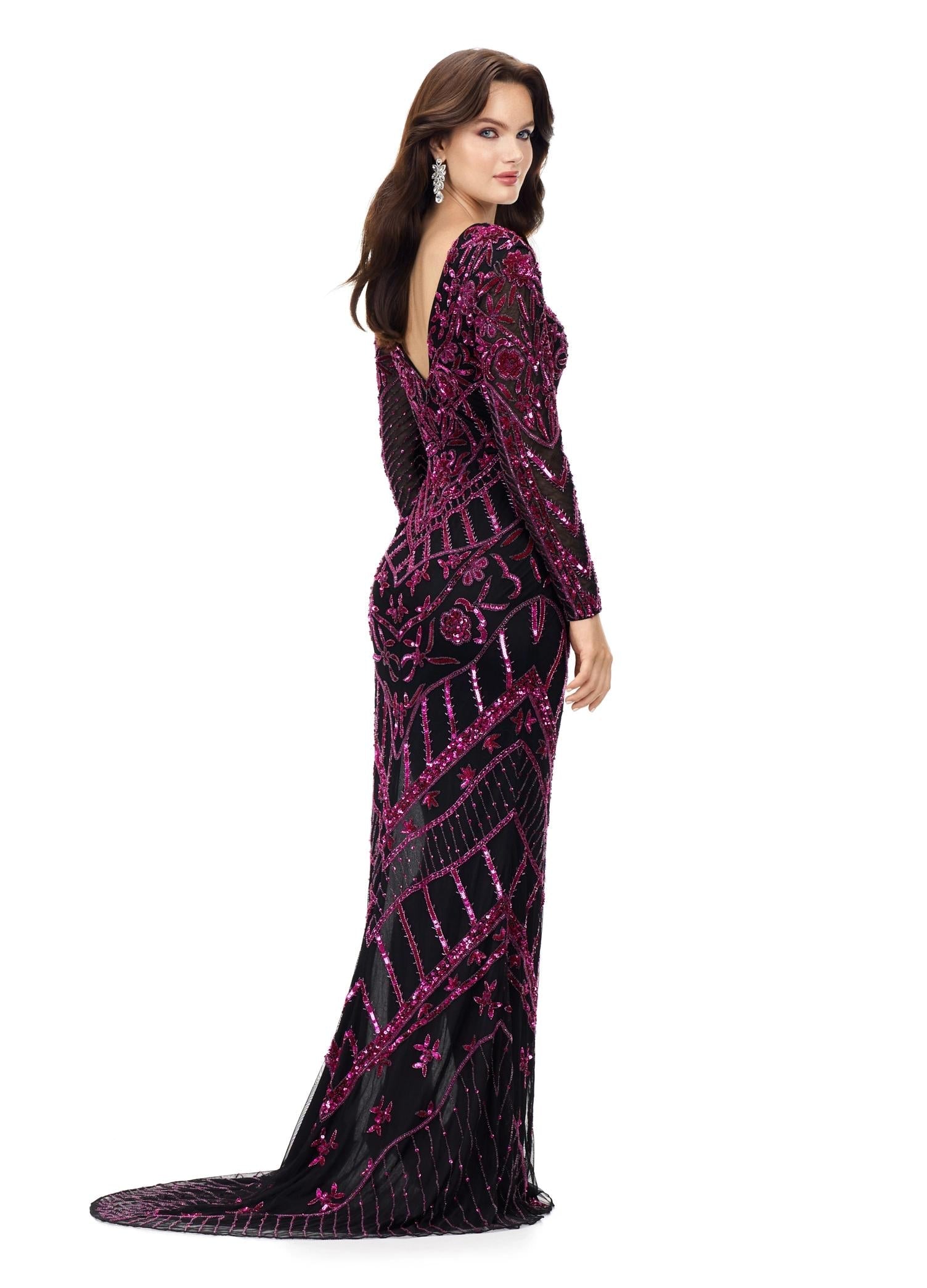 Back - Fuchsia Black ASHLEYlauren 11239 – A dramatic gown featuring intricate bead detailing, a lace-up bustier, long sleeves, and a left leg slit. Perfect for making a bold, glamorous statement at any special occasion.