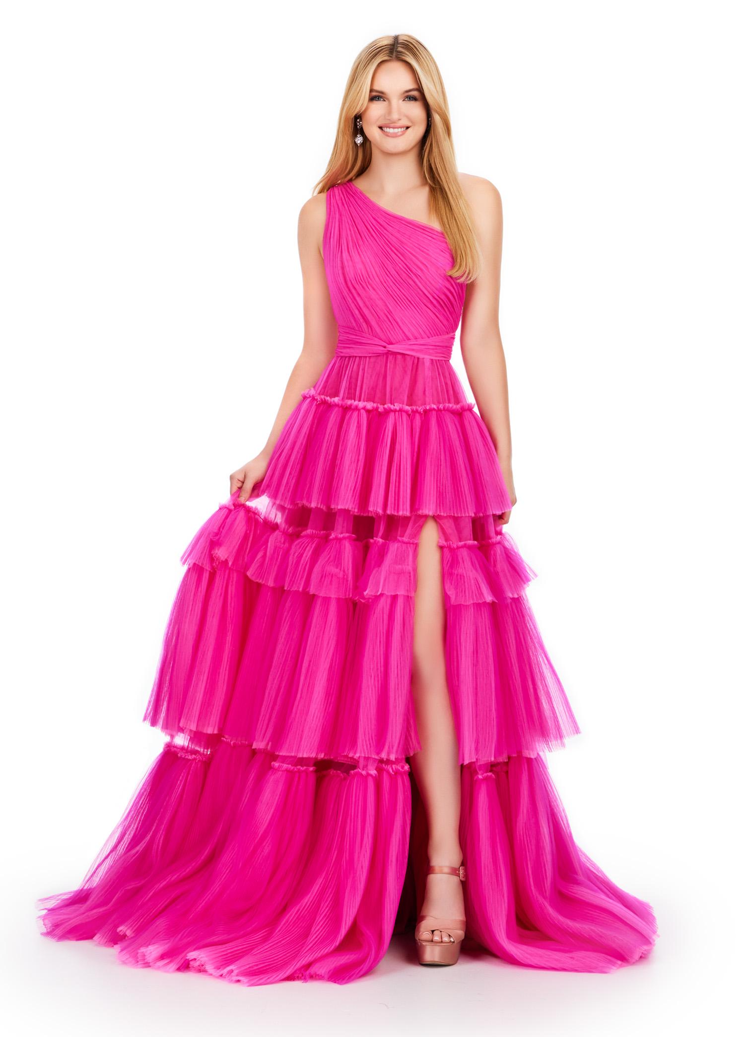 Fuchsia/Hot Pink ASHLEYlauren 11619 One Shoulder Ball Gown with Ruched Bustier, Two-Tone Tiered Pleated Tulle Skirt, and Left Leg Slit