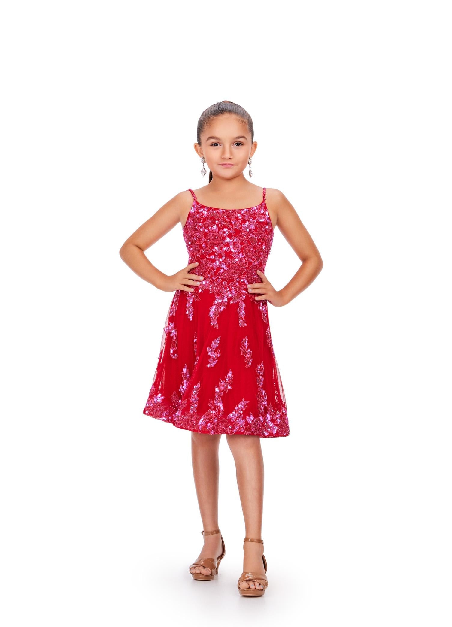 Fuchsia/Red ASHLEYlauren 8228 fun and flowy cocktail dress featuring delicate spaghetti straps, an intricate bead pattern cascading down the A-line skirt, and a lace-up back for a flattering and adjustable fit.