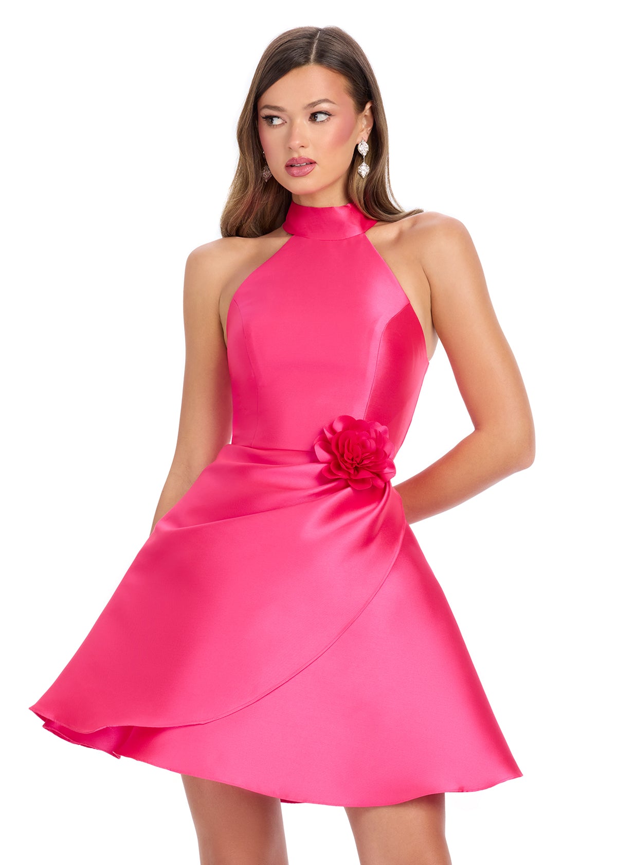 Pink ASHLEYlauren 4803 Mikado A-Line Dress with Halter Neckline, Ruched Skirt, and 3D Floral Accent