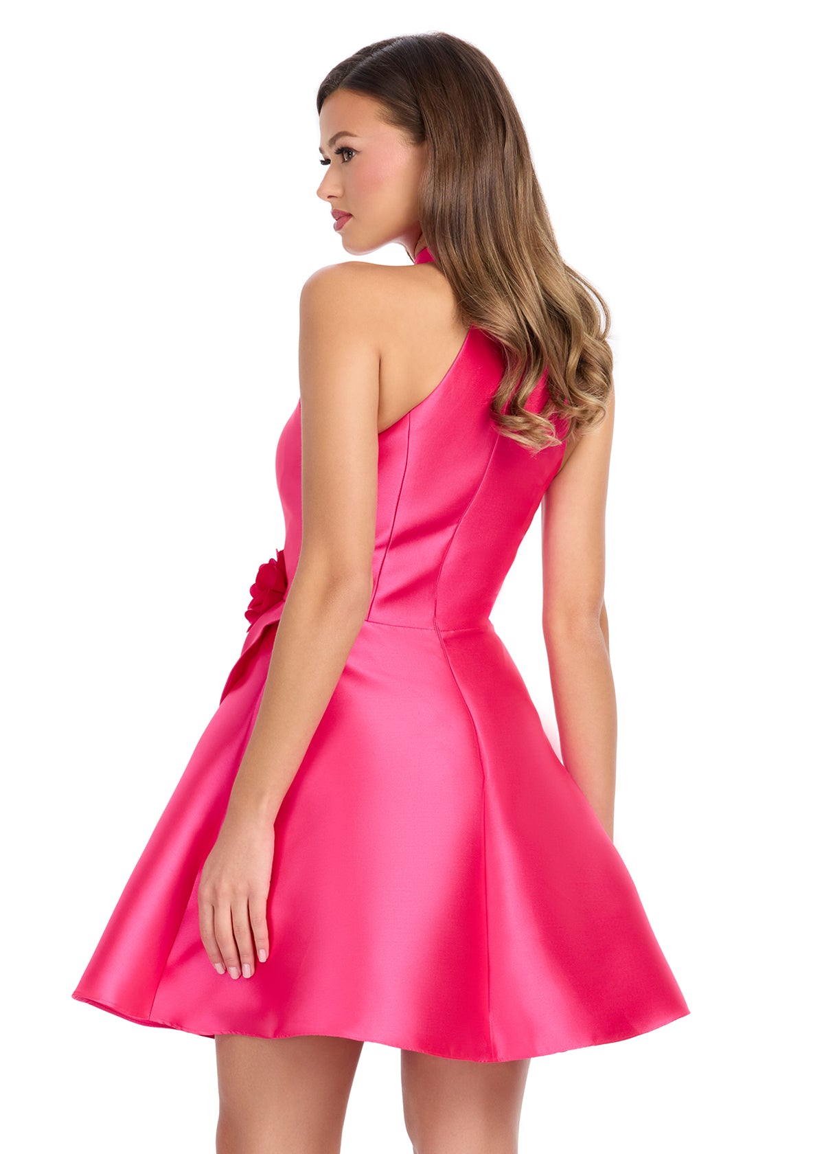 Back - Pink ASHLEYlauren 4803 Mikado A-Line Dress with Halter Neckline, Ruched Skirt, and 3D Floral Accent