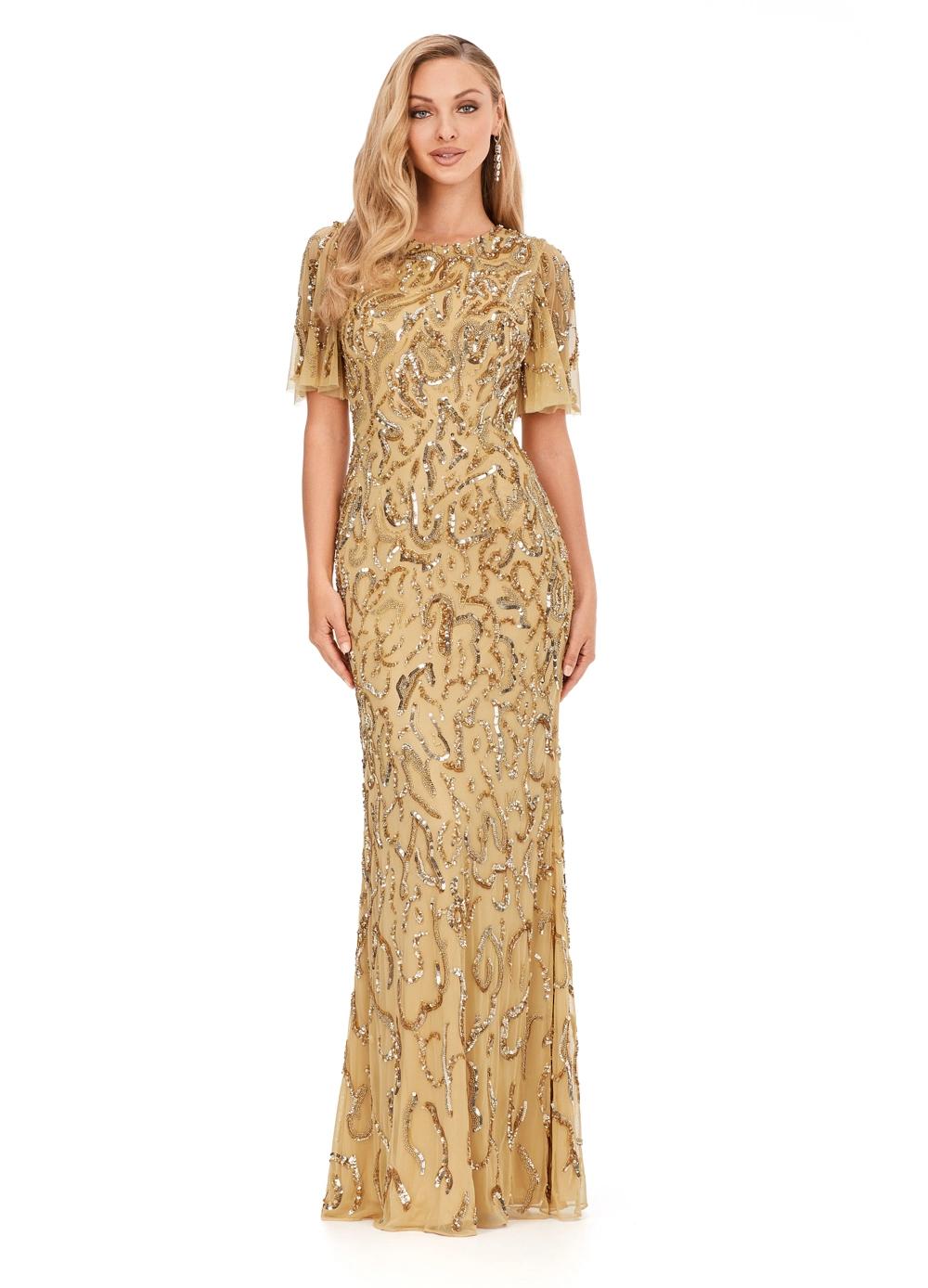 Gold ASHLEYlauren 11216 Elegant Fully Hand Beaded Gown with Crew Neckline, Flowing Butterfly Sleeves, Intricate Sequin Beading, and Keyhole Back Detail