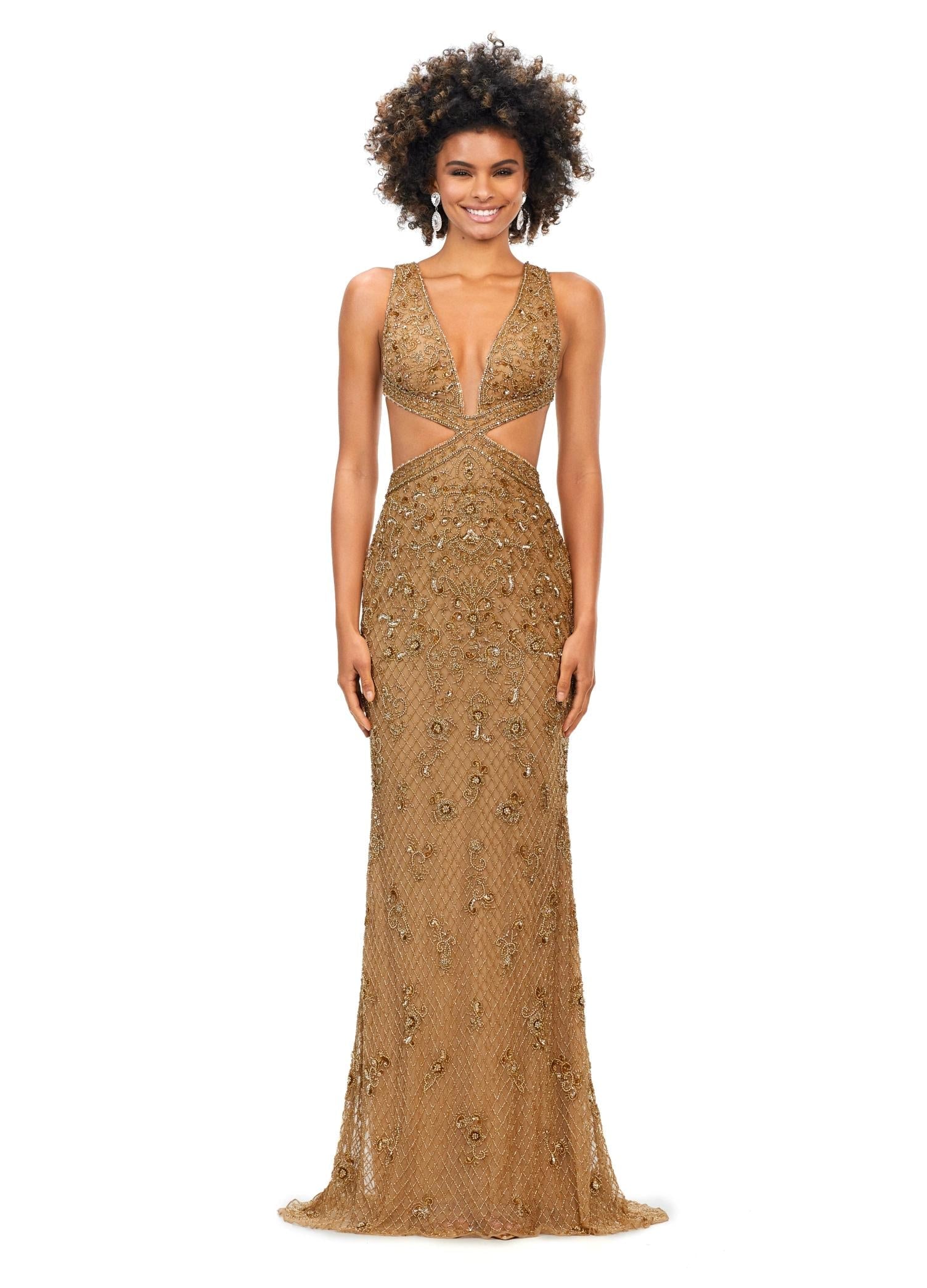 Gold ASHLEYlauren 11366 stunning hand-beaded gown featuring a deep V-neckline, intricate bead pattern, side cut outs, a lace-up open back, and a sweep train for a bold and glamorous statement look.