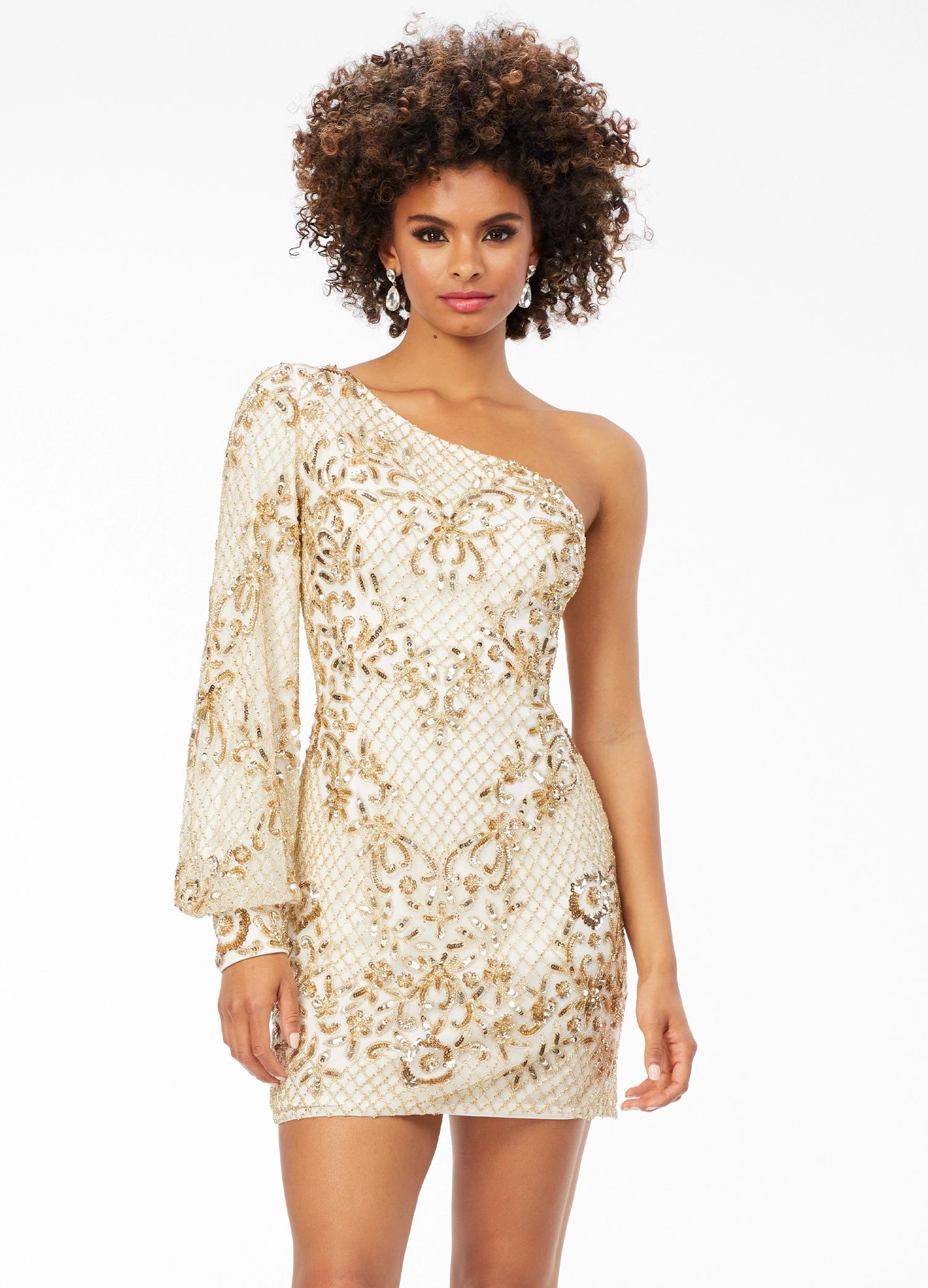 Gold/Ivory ASHLEYlauren 4497 fully hand-beaded cocktail dress featuring a one shoulder neckline, dramatic bishop sleeve, and fitted skirt for a glamorous and sophisticated look.