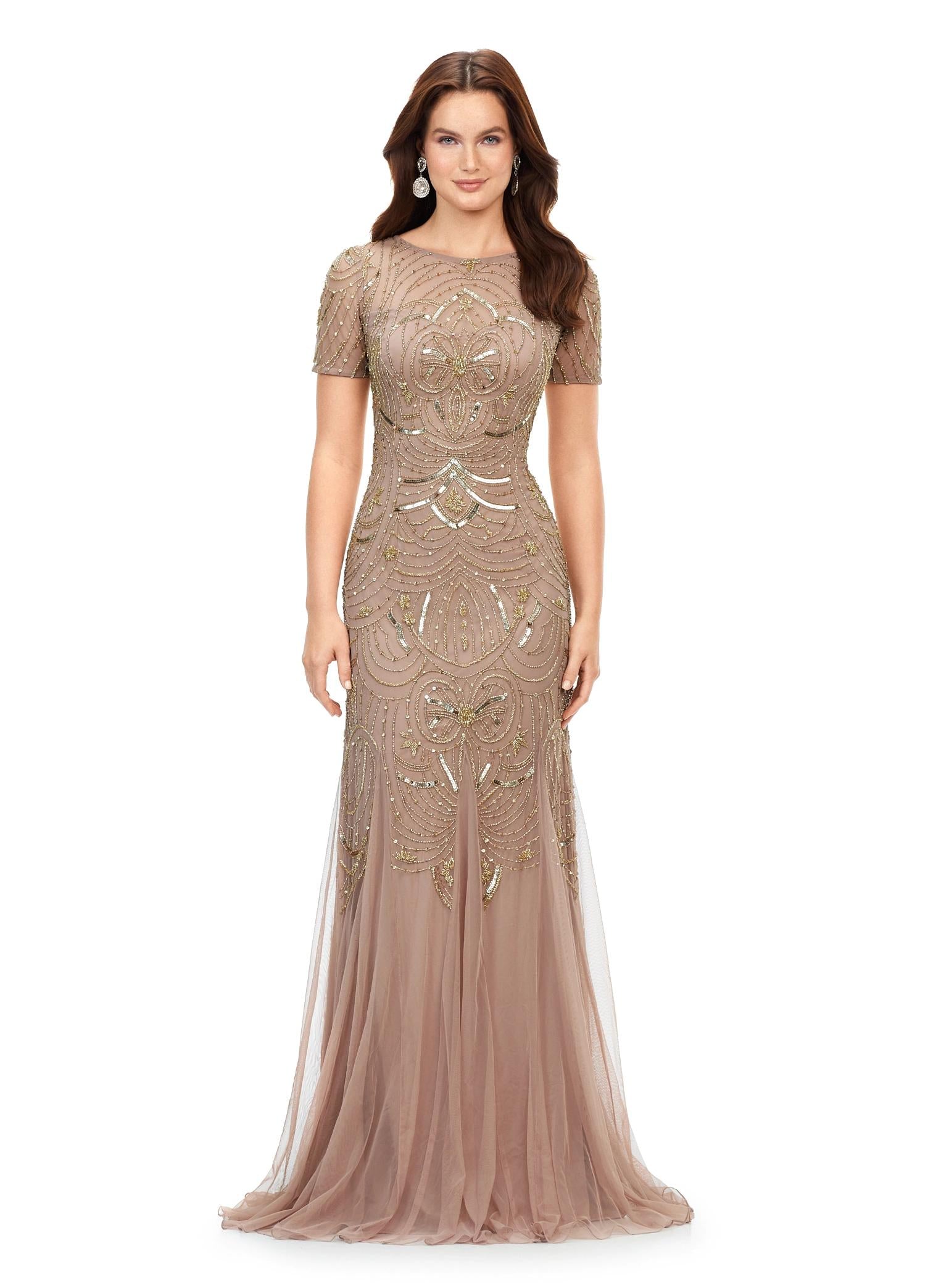 Gold/Rose Gold ASHLEYlauren 11215 Fully Hand Beaded Gown with Illusion Sweetheart Neckline, Intricate Sequin Motif, Short Sleeves, and Godet-Accented Mermaid Skirt