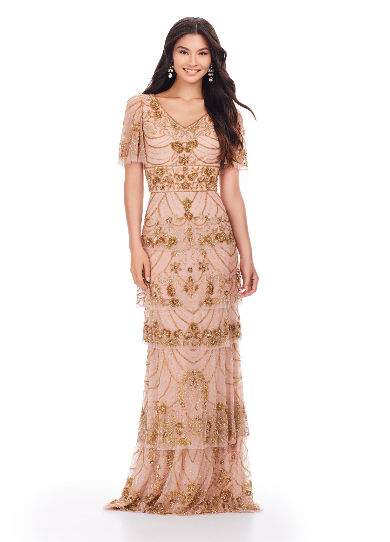 Gold/Rose Gold ASHLEYlauren 11235 Elegant Sequin Gown with V-Neckline, Flutter Butterfly Sleeves, Wide Waistband, Floral Beaded Bustier, and Multi-Tiered Skirt