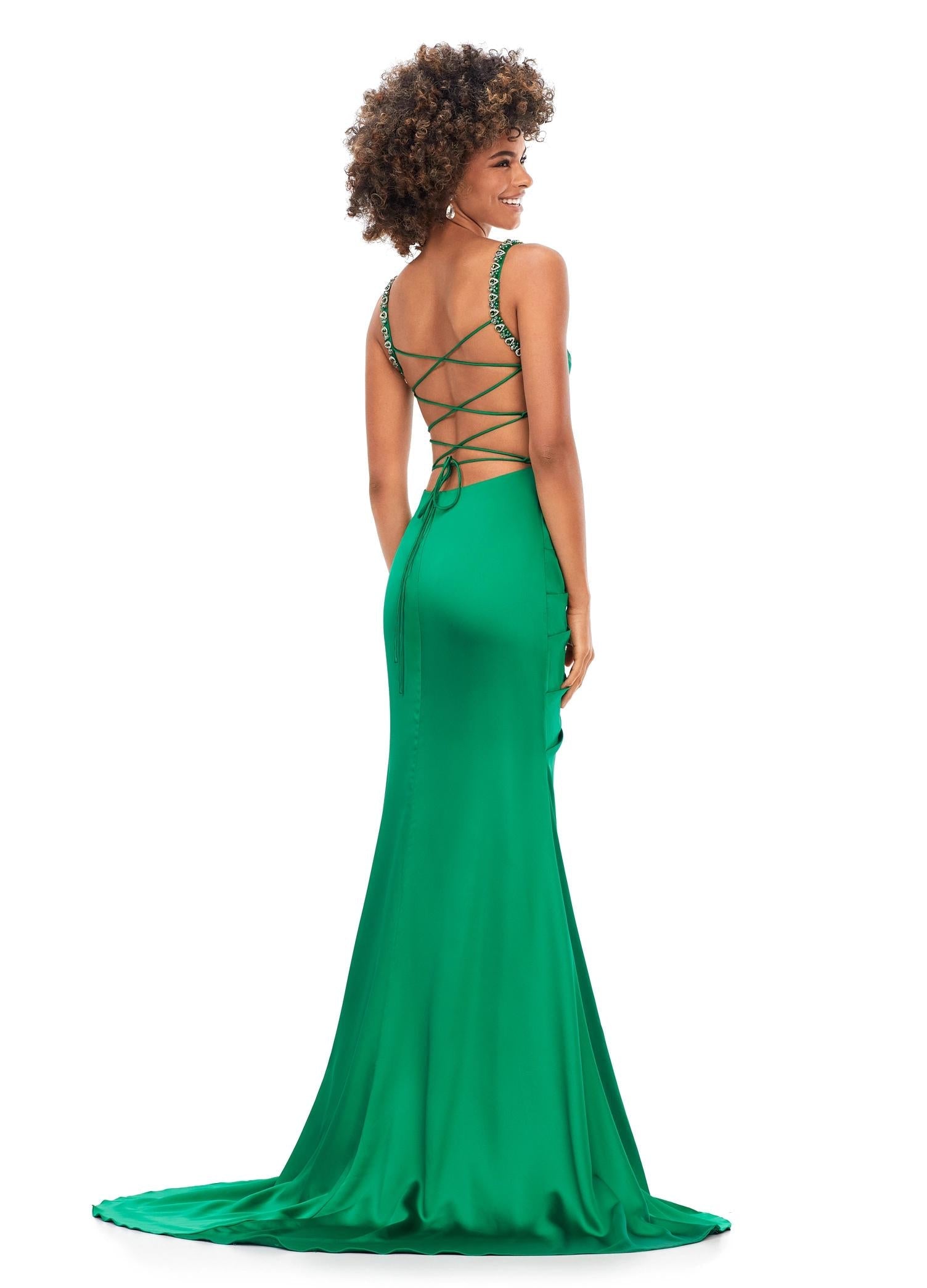 Back - Green ASHLEYlauren 11298 satin gown featuring a modified sweetheart neckline with crystal trim, ruched bodice, wrap skirt with left leg slit, and lace-up back.