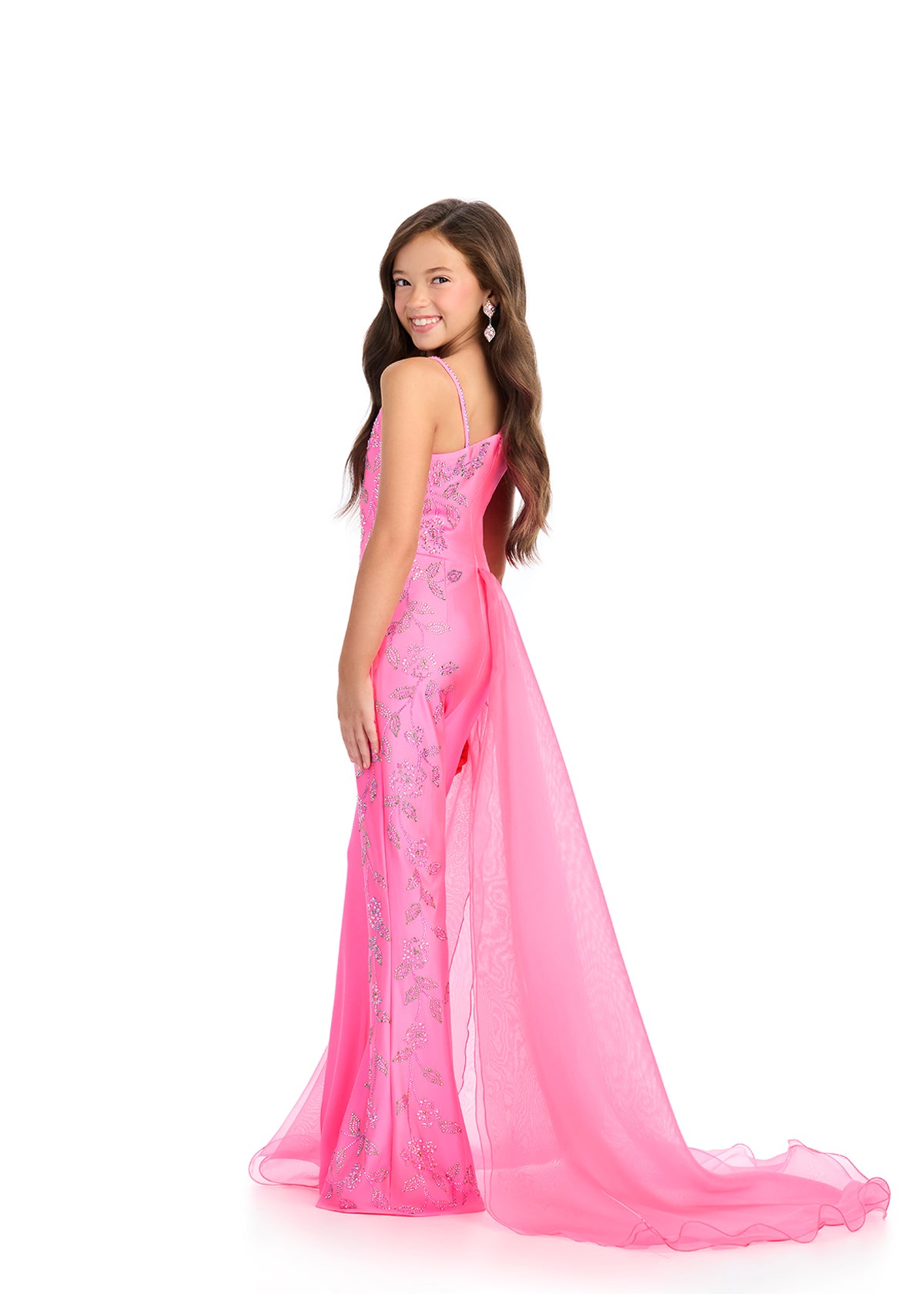Back - Pink ASHLEYlauren 8284 One-Shoulder Taffeta Cocktail Dress with Fully Beaded Bodice, A-Line Skirt, and Statement Bow