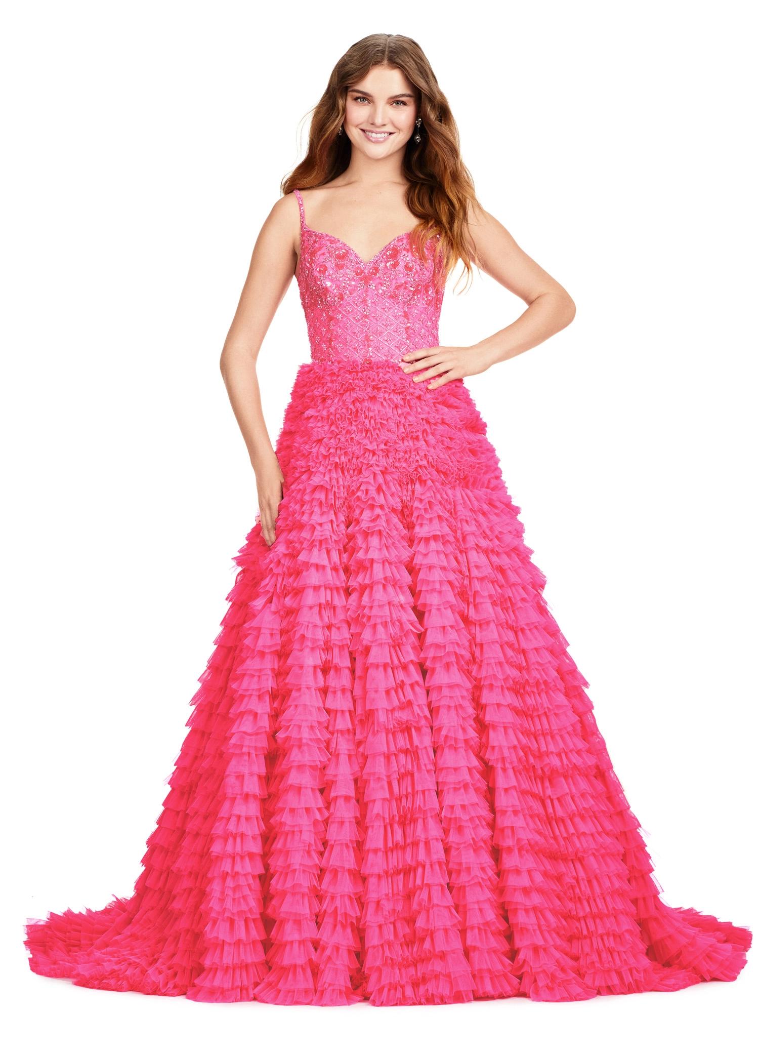 Hot Pink ASHLEYlauren 11427 breathtaking ball gown featuring a fully beaded bustier, sweetheart neckline, and a voluminous tiered tulle skirt for an enchanting and regal look.