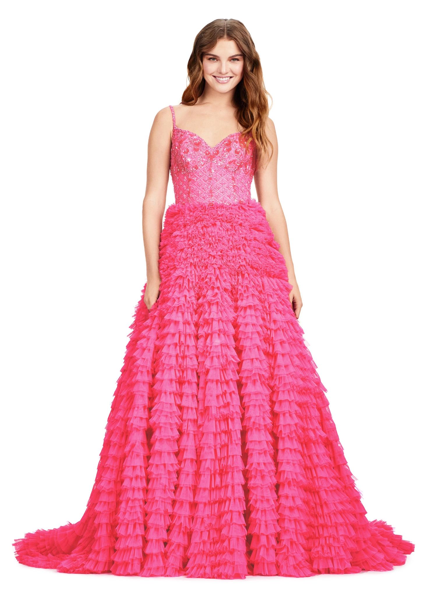 Hot Pink ASHLEYlauren 11427 breathtaking ball gown featuring a fully beaded bustier, sweetheart neckline, and a voluminous tiered tulle skirt for an enchanting and regal look.