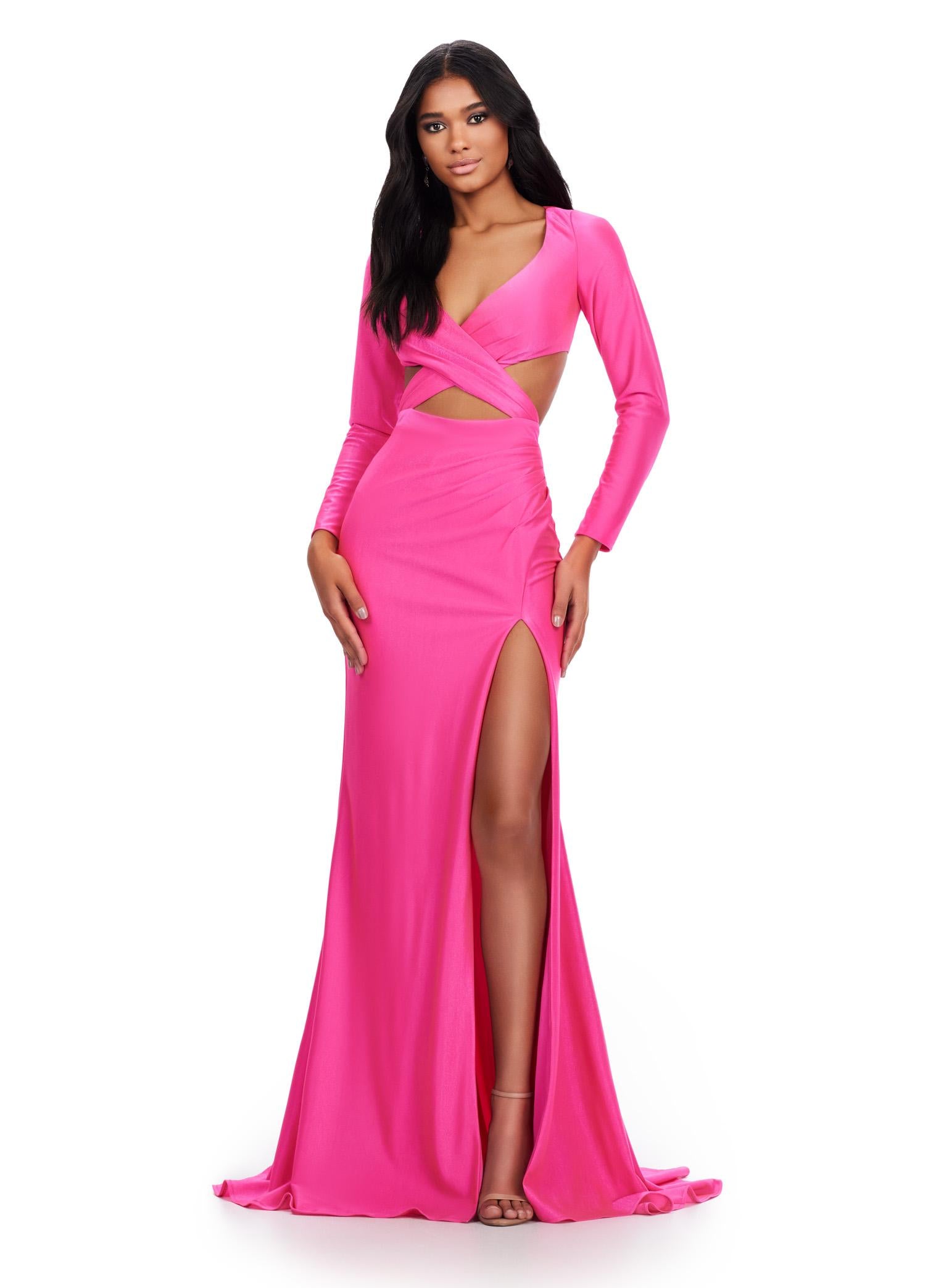 Hot Pink ASHLEYlauren 11607 Unique Jersey Gown with V-Neckline, Long Sleeves, Crisscross Cut Out Wrap Bustier, Draped Fitted Skirt, and Left Leg Slit