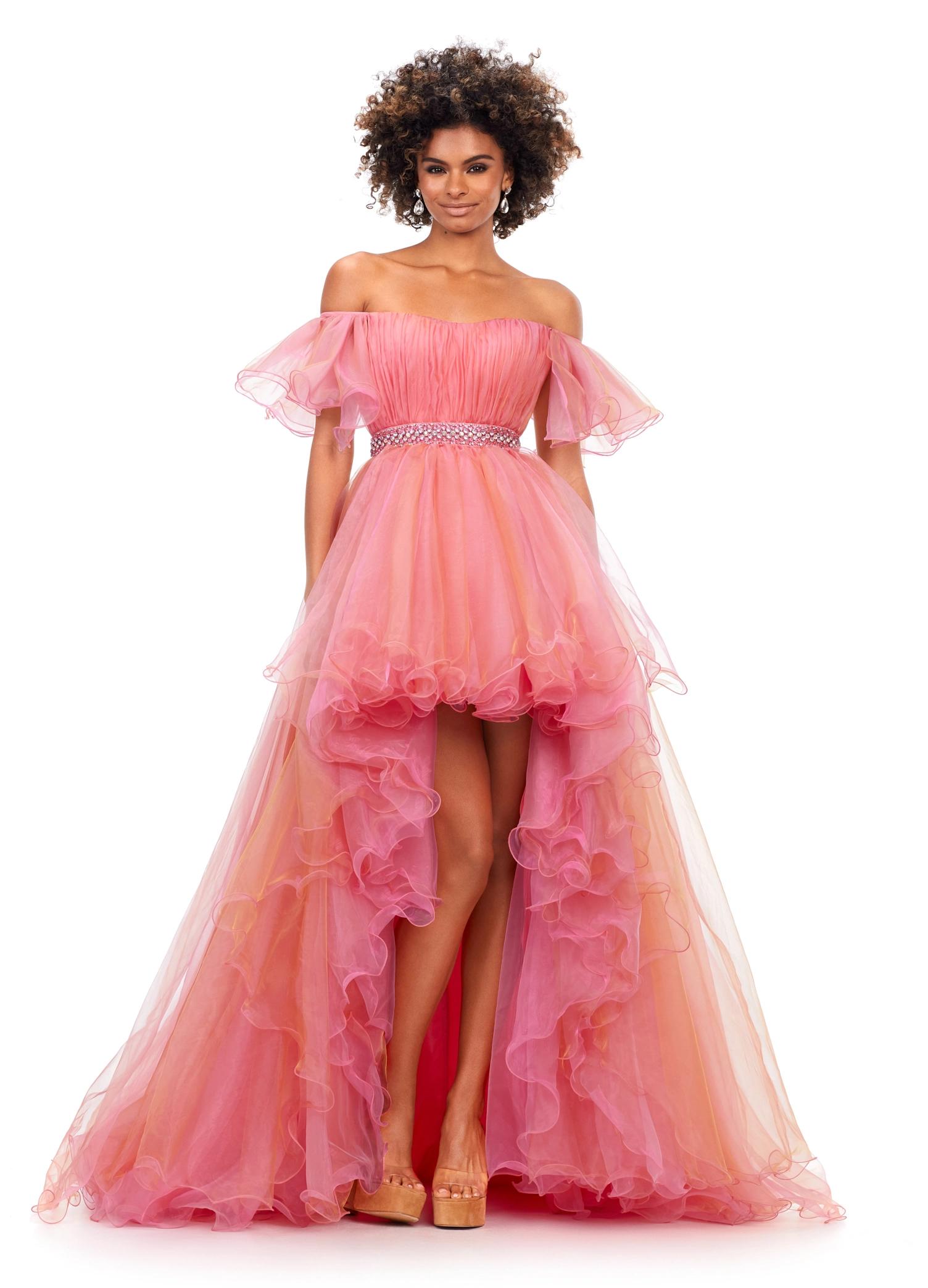Hot Pink/Blush ASHLEYlauren 11268 stunning strapless high-low gown featuring a ruched sweetheart neckline, off-shoulder sleeves, a crystal belt, and a two-tone organza skirt finished with a wire hem for a dramatic and elegant look.